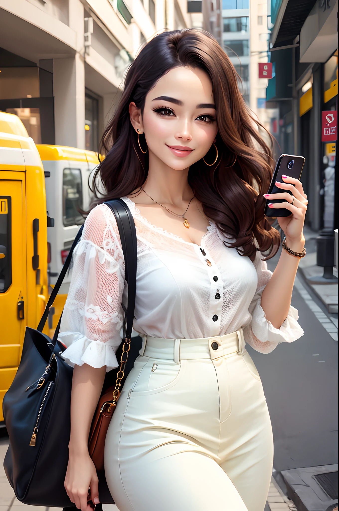 Rosto de mulher feliz, bem vestida,with smart with cell phone in hand