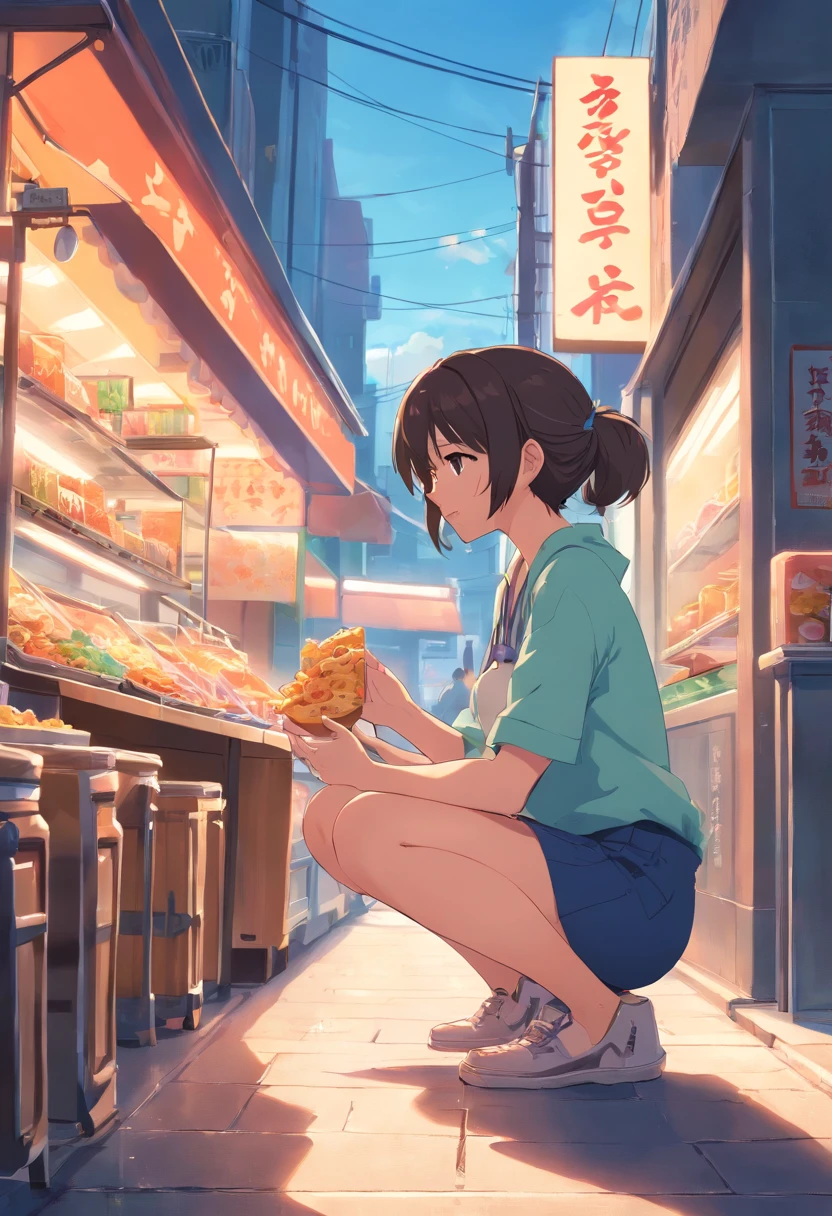 Anime Female character snack street,NSFW,entranceway,The girl kneels in front of the man,A girl licks the male genitals of a sitting man,