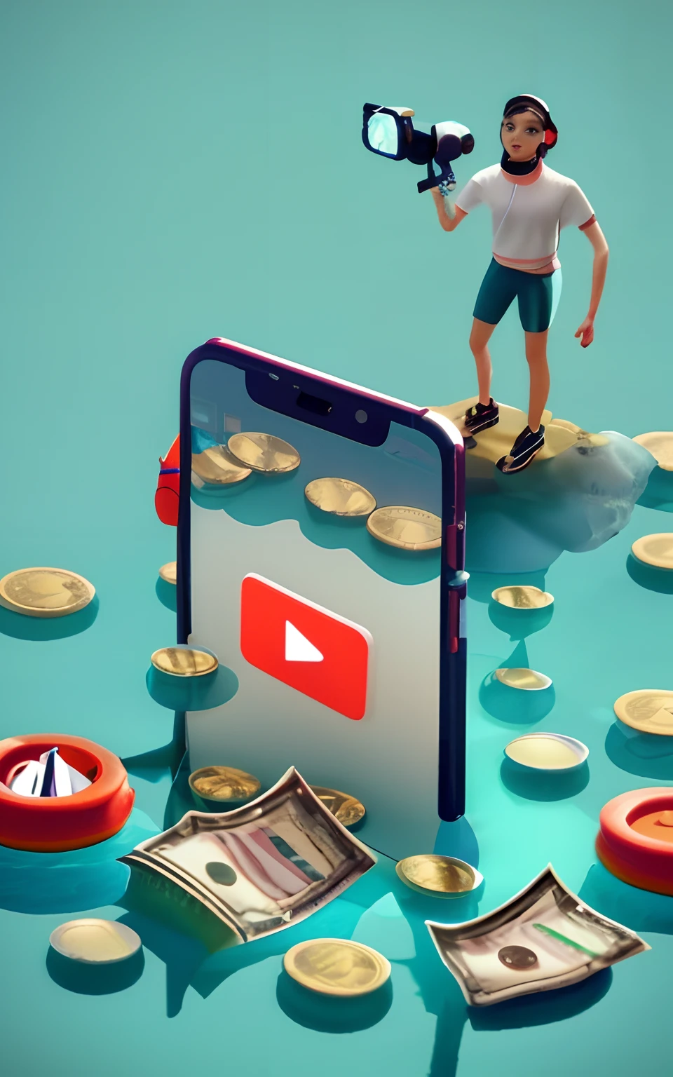 a close up of a person standing on a cell phone surrounded by coins, youtuber, trending on youtube, youtube video screenshot, 🦩🪐🐞👩🏻🦳, by Julia Pishtar, 3d animated, 3 d animated, video animation, youtube thumbnail, hyperrealistic content, 3 d nft, youtube, music video, vtuber