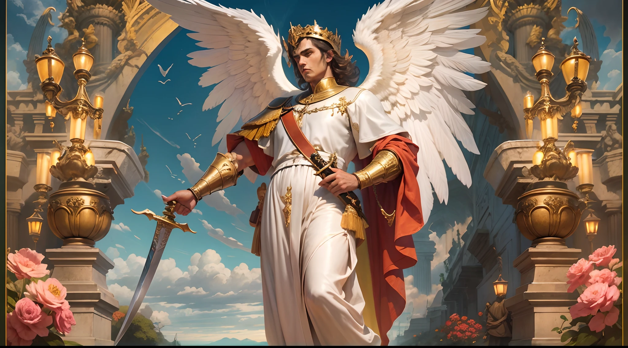 Closeup of an image a man angel with a large and long sword with attack position in right hand, in the other left hand holding a scale, Angel dressed as a Roman soldier looking at the ground, arcanjo homem com asas grandes, o anjo da fortuna, perfeito, Realistic, Biblical setting, Biblical Paradise Setting, sol e nuvens ultras realistas, flores e velas, illuminated archangel of heaven, flores coloridas, velas acesas, roupas brancas e vermelhas