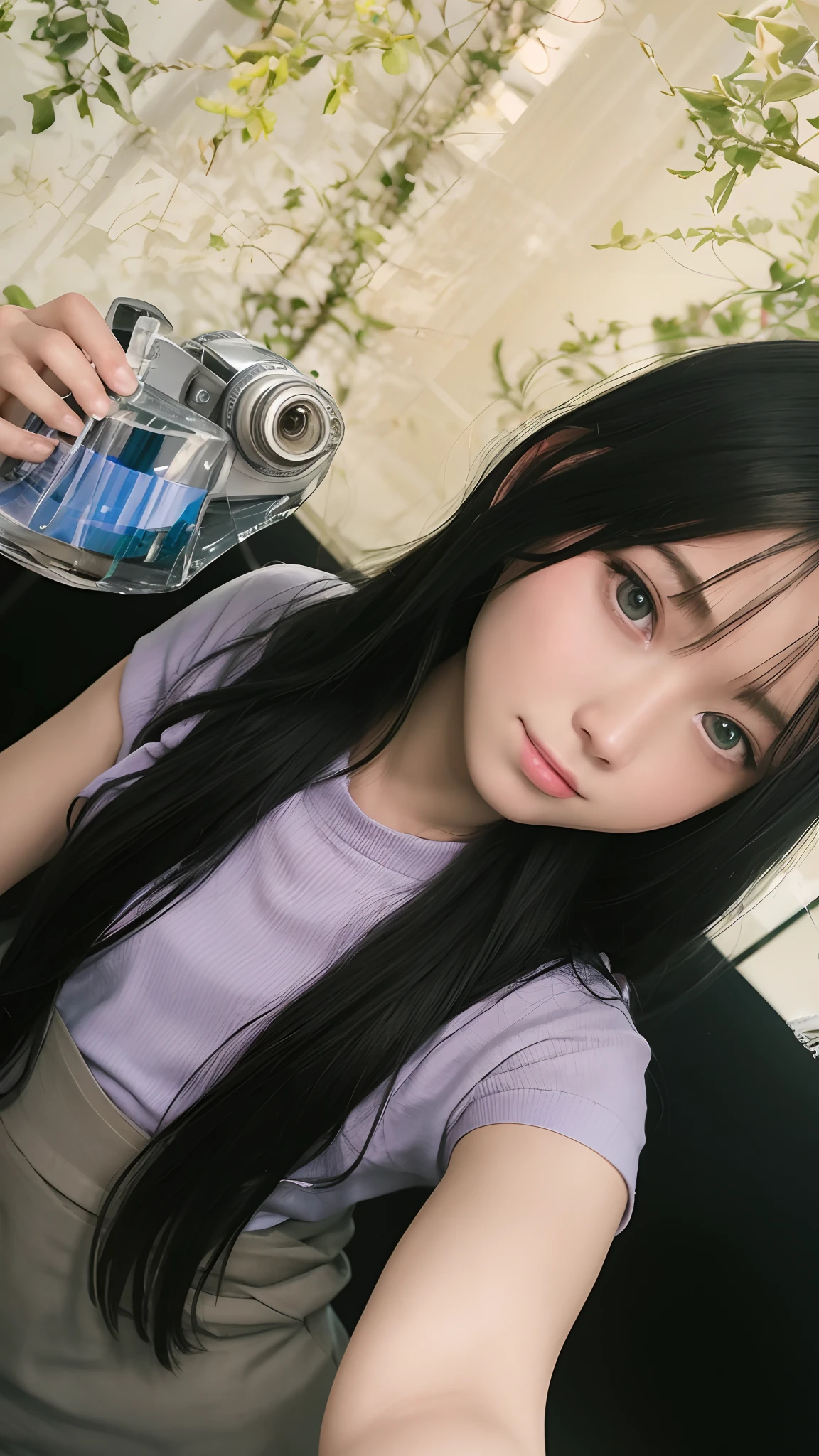 masterpiece, best quality, 8k, 85mm, raw photo, absurdres, award winning portrait, solo, violaceaess, gardeniass, delicate girl, upper body, idol face, night, neon, DSLR, looking at viewer, natural, candid, sophisticated, youthful, professional lighting, film grain, chromatic aberration, (bokeh:1.1)
