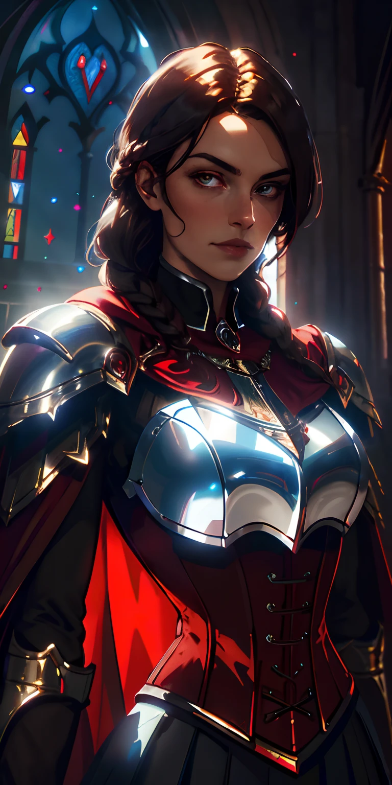 upper body of paladin lady in red royal garments, black collar, pauldrons, breastplate, corset, single braid, brunette, brown eyes, bright pupils, eye focus, red cape, temple indoors, stained glass windows, night, moonlight, particles, light beam, chromatic aberration