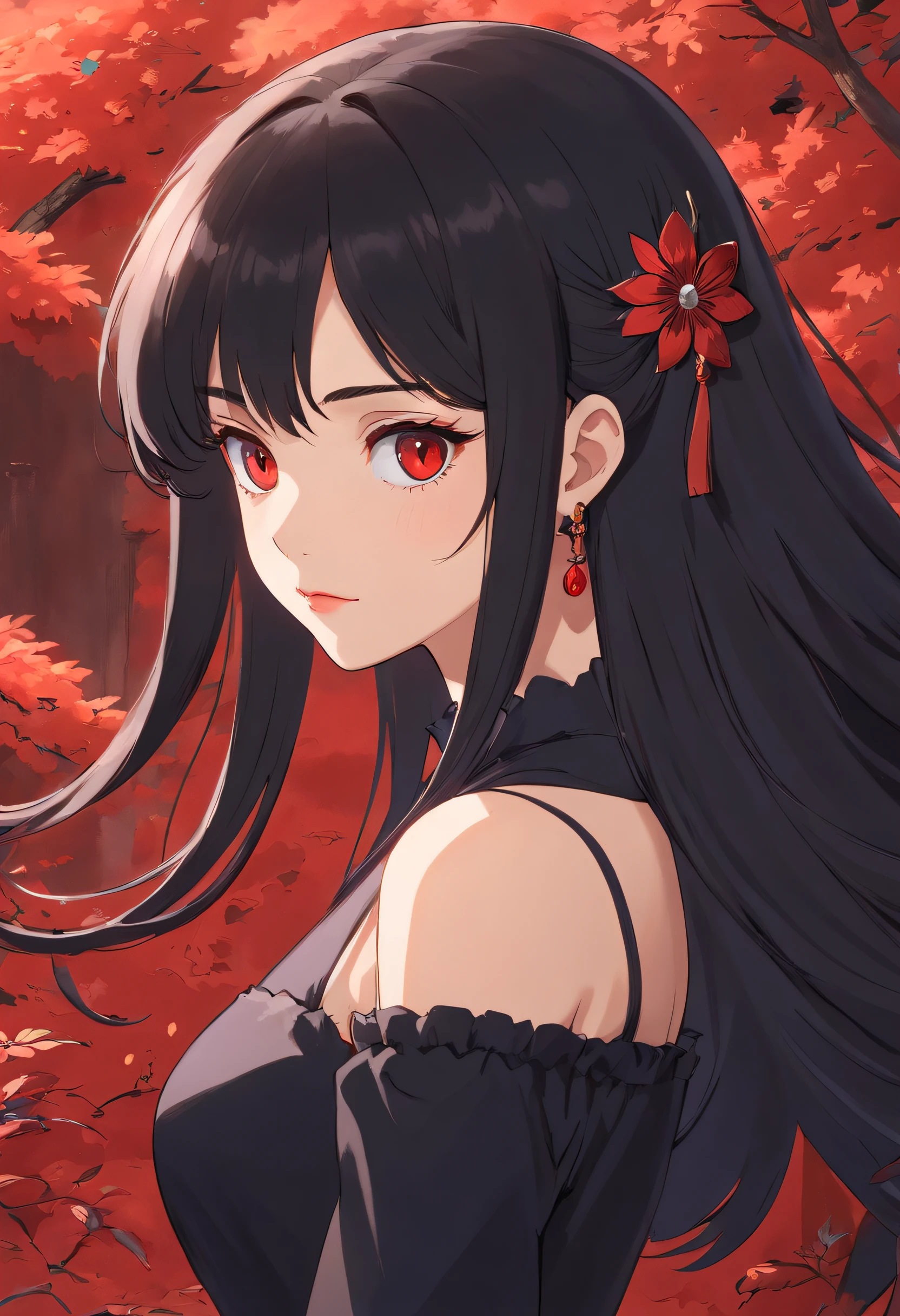 1 girl, Royal Sister Style, Black Long Hair, Black Dress, black pupils, Beautiful face, Red lips, High-end feeling, noble
