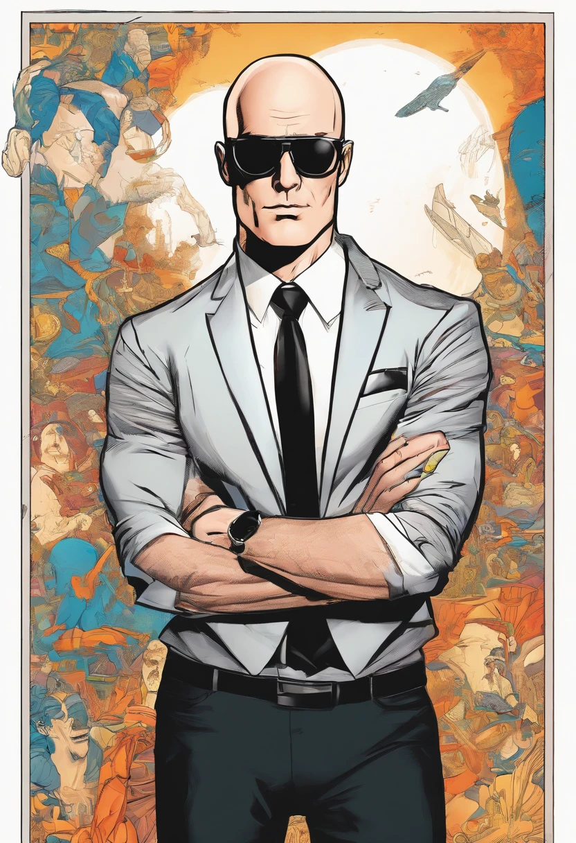 man,bald tall slim sexy in elegant black suit with black sunglasses