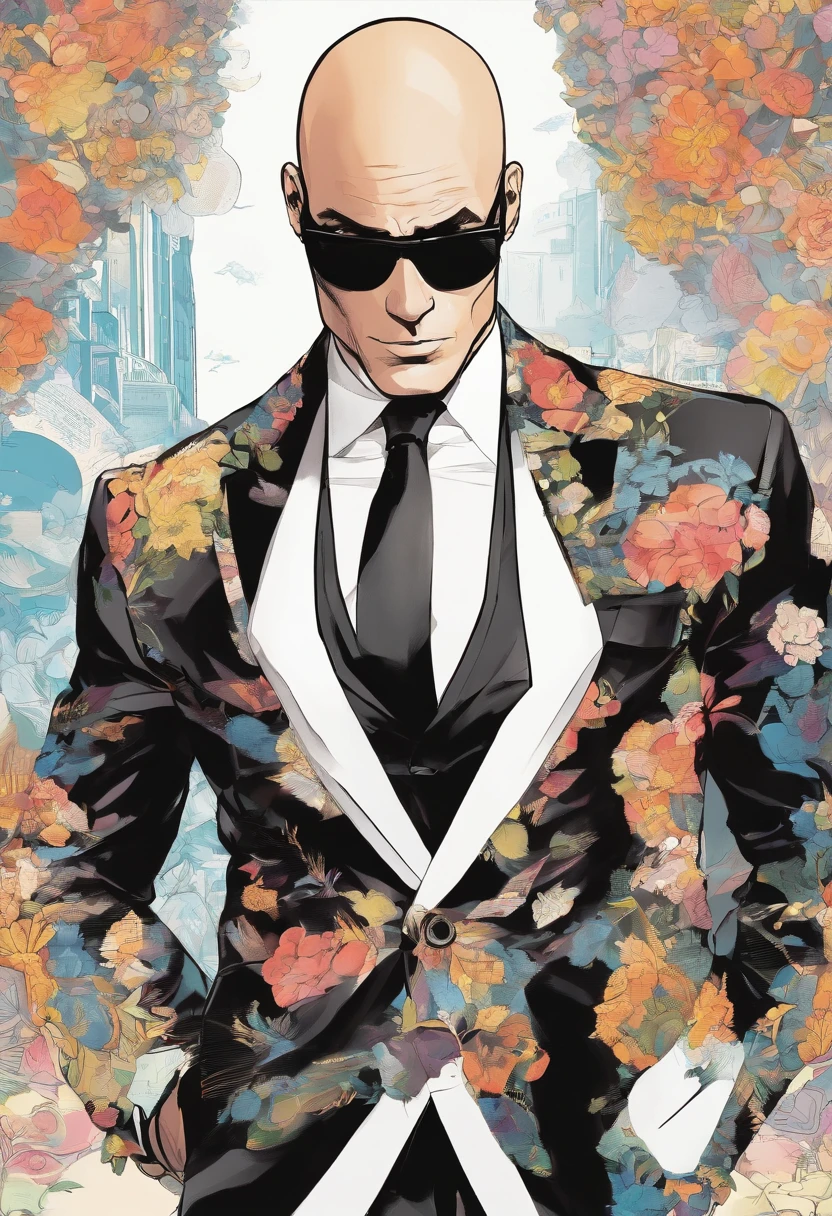 man,bald tall slim sexy in elegant black suit with black sunglasses