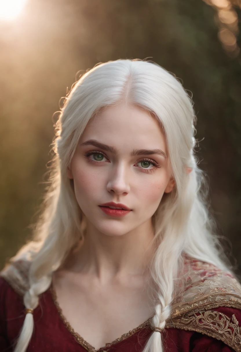 (((a deep reddish wound crosses her left cheek))) fair complexion, woman around 19 years old, natural white hair, distinctive green eyes, wearing kohl, slender and graceful, beautiful, candlelight in a medieval setting, ultra sharp focus, realistic shot, medieval female clothes, tetradic colors (scar:1.4)