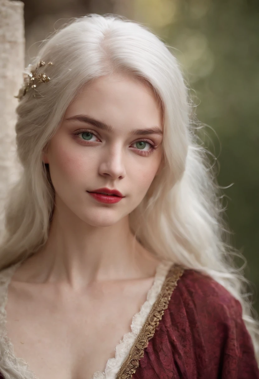 (((a deep reddish wound crosses her left cheek))) fair complexion, woman around 19 years old, natural white hair, distinctive green eyes, wearing kohl, slender and graceful, beautiful, candlelight in a medieval setting, ultra sharp focus, realistic shot, medieval female clothes, tetradic colors (scar:1.4)