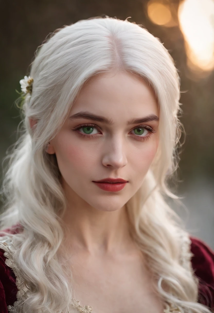 (((a deep reddish wound crosses her left cheek))) fair complexion, woman around 19 years old, natural white hair, distinctive green eyes, wearing kohl, slender and graceful, beautiful, candlelight in a medieval setting, ultra sharp focus, realistic shot, medieval female clothes, tetradic colors (scar:1.4)