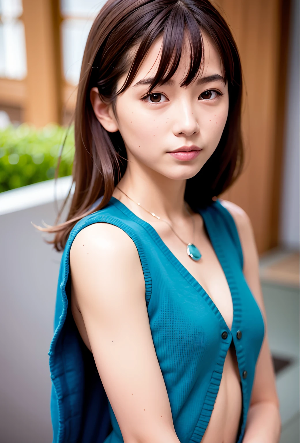 (((medium hair))), best quality, 8K, HDR, highres, absurdres:1.2, blurry background, bokeh:1.2, Photography, (RAW photo:1.2), (photorealistic:1.4), (masterpiece:1.3), (intricate details:1.2), 1girl, solo, japanese girl, delicate, beautiful detailed, (detailed eyes), (detailed facial features), petite, (((small breasts))), skin tight, (looking_at_viewer), from_front, (skinny), (best quality:1.4), (ultra highres:1.2), cinema light, (extreme detailed illustration), (lipgloss, best quality, ultra highres, depth of field, caustics, Broad lighting, natural shading, 85mm, f/1.4, ISO 200, 1/160s:0.75),1girl, solo, (((blue vest))) smile, school uniform, necklace,