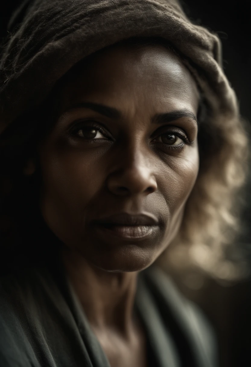 analogue style, estilo de fotografia do modelo, .RAW: Fechar Retrato de uma Mulher Negra 1, ((beautiful face: 1.7, rosto perfeito: 1.3)), (top: 1.2), best quality, epics (por foto de Lee Jeffries, Sony A7, 50 millimeters , Casais: 1.5, cores, hiperdetalhado: 1.5, filmic grain: 1.4, hiper-realista: 1.5), Textura hiper-realista, master part, Motor Unreal 5, extremamente detalhado CG unidade 8k papel de parede, olhos realistas, foto insanamente detalhada, (??????? of light and shadow, sombra profunda), (Winner of the Pulitzer Prize for Photography and Taylor Wessing Photographic Prize),JUJU