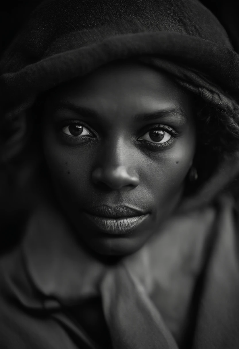 analogue style, estilo de fotografia do modelo, .RAW: Fechar Retrato de uma Mulher Negra 1, ((beautiful face: 1.7, rosto perfeito: 1.3)), (top: 1.2), best quality, epics (por foto de Lee Jeffries, Sony A7, 50 millimeters , Casais: 1.5, cores, hiperdetalhado: 1.5, filmic grain: 1.4, hiper-realista: 1.5), Textura hiper-realista, master part, Motor Unreal 5, extremamente detalhado CG unidade 8k papel de parede, olhos realistas, foto insanamente detalhada, (??????? of light and shadow, sombra profunda), (Winner of the Pulitzer Prize for Photography and Taylor Wessing Photographic Prize),JUJU