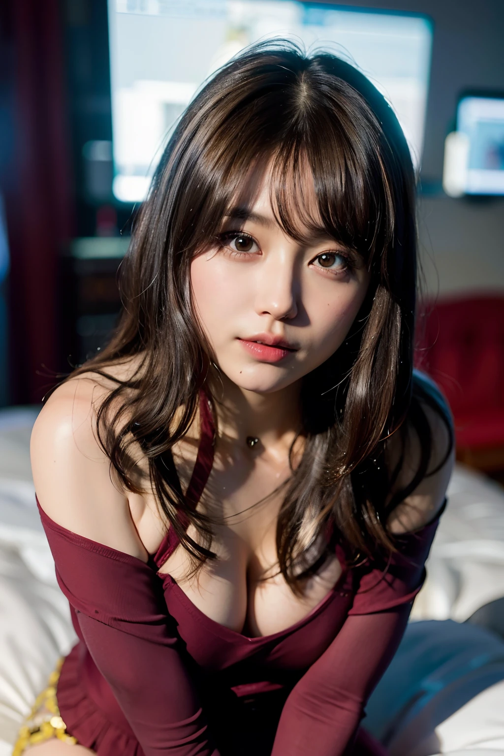 (8K, Raw photography, top-quality, ​masterpiece:1.2), nffsw, 1girl in, 3 d, Asian, bangss, Bare_shoulders, breastsout, brown_Eyes, brown_hair, cleavage of the breast, greys_Background, s lips, long_hair, Dim room with natural light、up looking_で_viewer, a navel, nase, Off_Shoulder, Open_Clothes, realisitic, 独奏, The upper part of the body_Body, poses、shinny skin、Beautiful delicate face、Beautiful delicate eyes、(realisitic、Photo Real:1)、laying down on the bed、(8K, Raw photo, Photorealistic:1.25) ,( lipgloss, Eyelashes, gloss-face, Glossy skin, Best Quality, 超A high resolution, depth of fields, chromatic abberation, Caustics, Broad lighting, Natural Shading,Kpop Idol) looking at viewer with a serene and goddess-like happiness, Baby face, chest girth is 100 cm, Waist is 50cm, Hips are 100cm, Perfect , NSFW, fluffy and soft hair,，Sexy、Perfectly beautiful neat sexy face and big eyes、Western 25-year-old woman with cartoonish face、(NSFW: 3), (nudde: 2.6),Sexy bumps on the chest, high detailing, 真实感, High resolution in 8K, ccurate, tre anatomically correct, 3), (NSFW: 5), slim figure,tre anatomically correct, A live-action masterpiece, top-quality, hight resolution, (portrait shooting: 1.5) (nudde: 2.5), high detailing, 真实感, ccurate,Spread your legs、One leg is raised,full of sweat、She stares at me with big teary eyes..Angle looking down from above、Slightly open mouth、Duck mouth、Not wearing pants、Her pubic area looks perfectly detailed、fullnude、lying on the bed、fullnude、Atmosphere like when you have sex、Sexual atmosphere