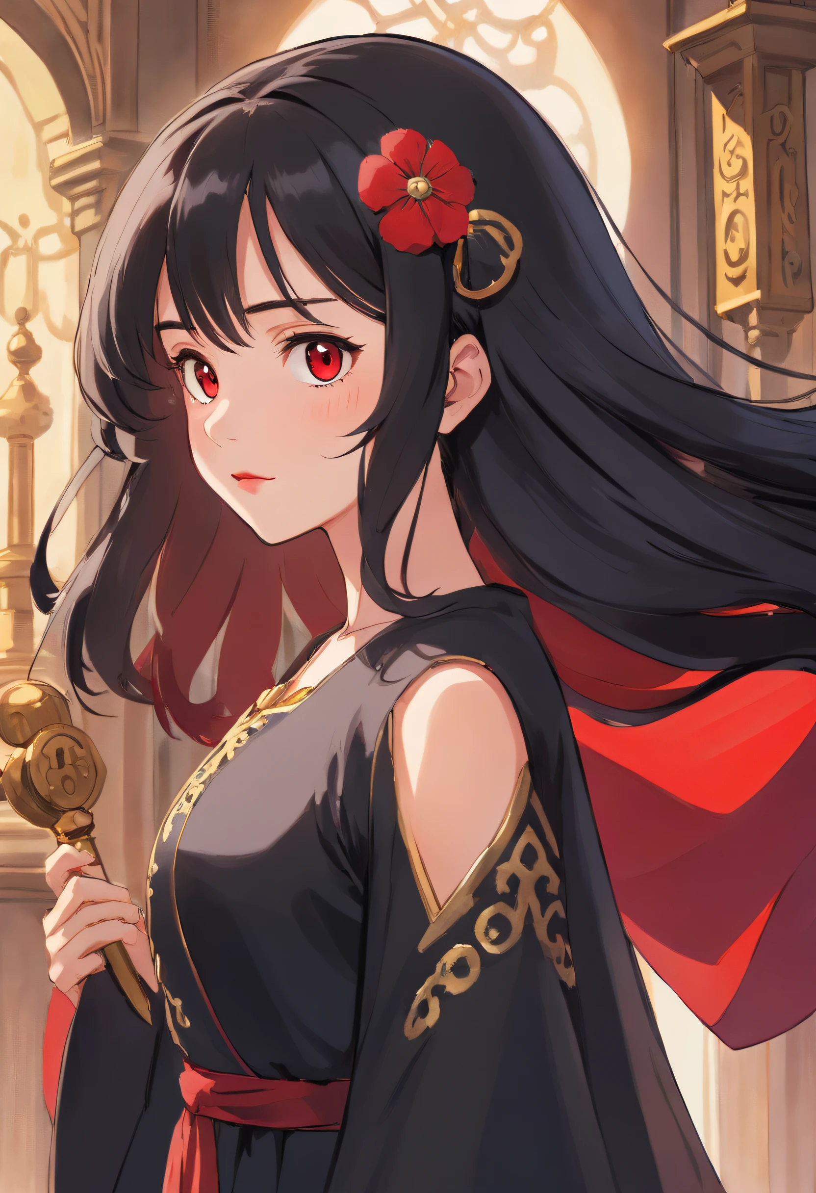 1 girl, Royal Sister Style, Black Long Hair, Black Dress, black pupils, Beautiful face, Red lips, High-end feeling, noble