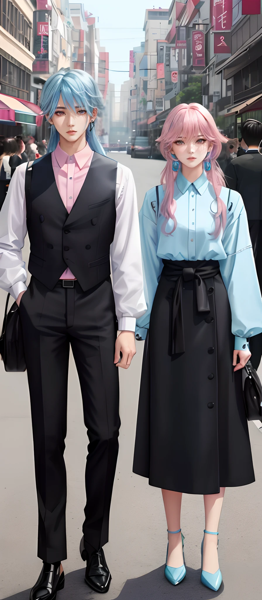 ((Male and female couples)), window, Idol Photos, Magazine covers, Photos of actors, Professional Photos, Height difference, tall male, Happiness, youthfulness, extra detailed face, detailed punk hair, very detailed character, inspired by Sim Sa-jeong, Cai Xukun's, detailed realistic faces, highly detailed realistic face, high detailed face anime, realistic detailed face, Accurate detailed face, attractive androgynous humanoid, Cool Korean fashion in black, ((With a man with light blue hair)), ((Woman with pink hair)), ((Woman with long hair below waist)), ((Man with short hair over ears)), ((Pink hair woman with gentle expression)), ((Man with light blue hair with wild expression)), high-level image quality, masterpiece, Photographed so that the whole body can be seen, Photographed to make clothes look beautiful, Take your eyes off, ((two individuals)), ((British couple))