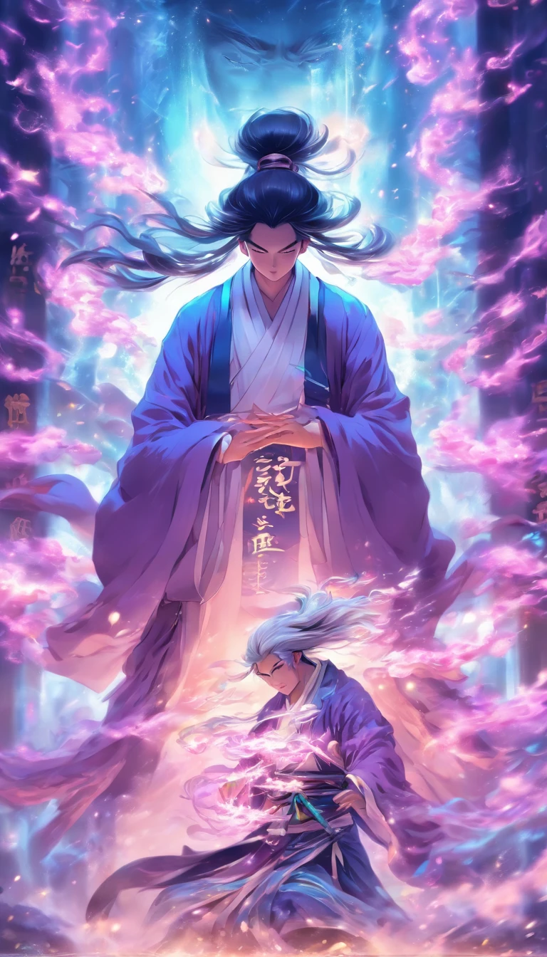 China-style,中景 the scene is,The Taoist priest stood in front of a huge transparent glowing projection,Stretch your hands,Long messy hair,Glow effects,Hyper-realistic,Ultra photo realsisim,Chinese black and white ink style,The purple,Decolorization,Smudge,ink,8K,super-fine,high qulity,OC renderer