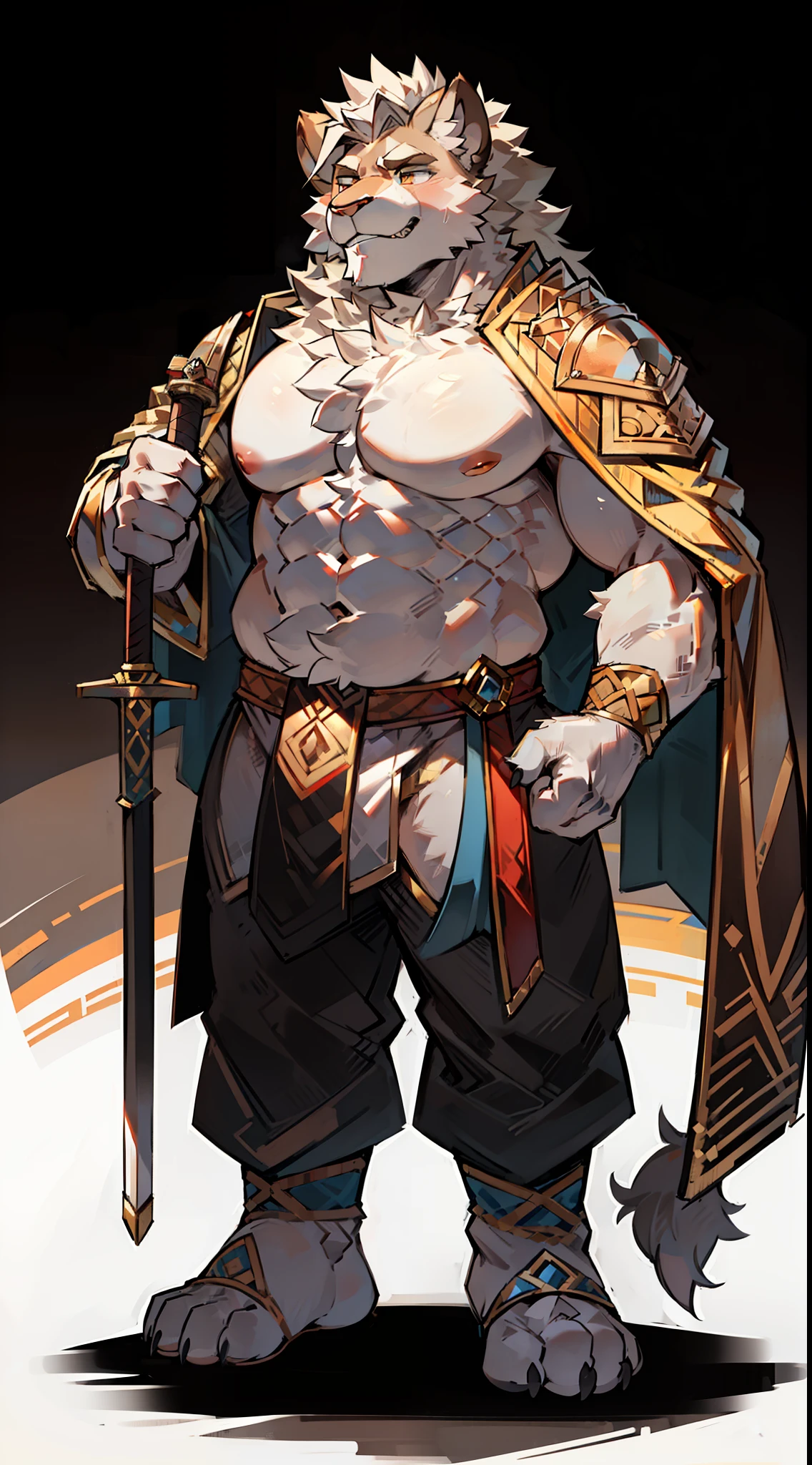 Mature male，solo，Lion Man，Anthropomorphic male lion，Long hairs，musculous，vast pecs，broad shoulder，Thick-breasted，Huge crotch bulge，Bare topless，Thigh-to-foot unobstructed，warriors，chainmail，Side Body，On the battlefield, holding a long sword pointing into the distance，Look visually in the direction the sword is pointing，Stand up，full bodyesbian，in a panoramic view，High Picture Quality，High- sharpness，tmasterpiece，intricately details，rich background，Background of a larger proportion，8K