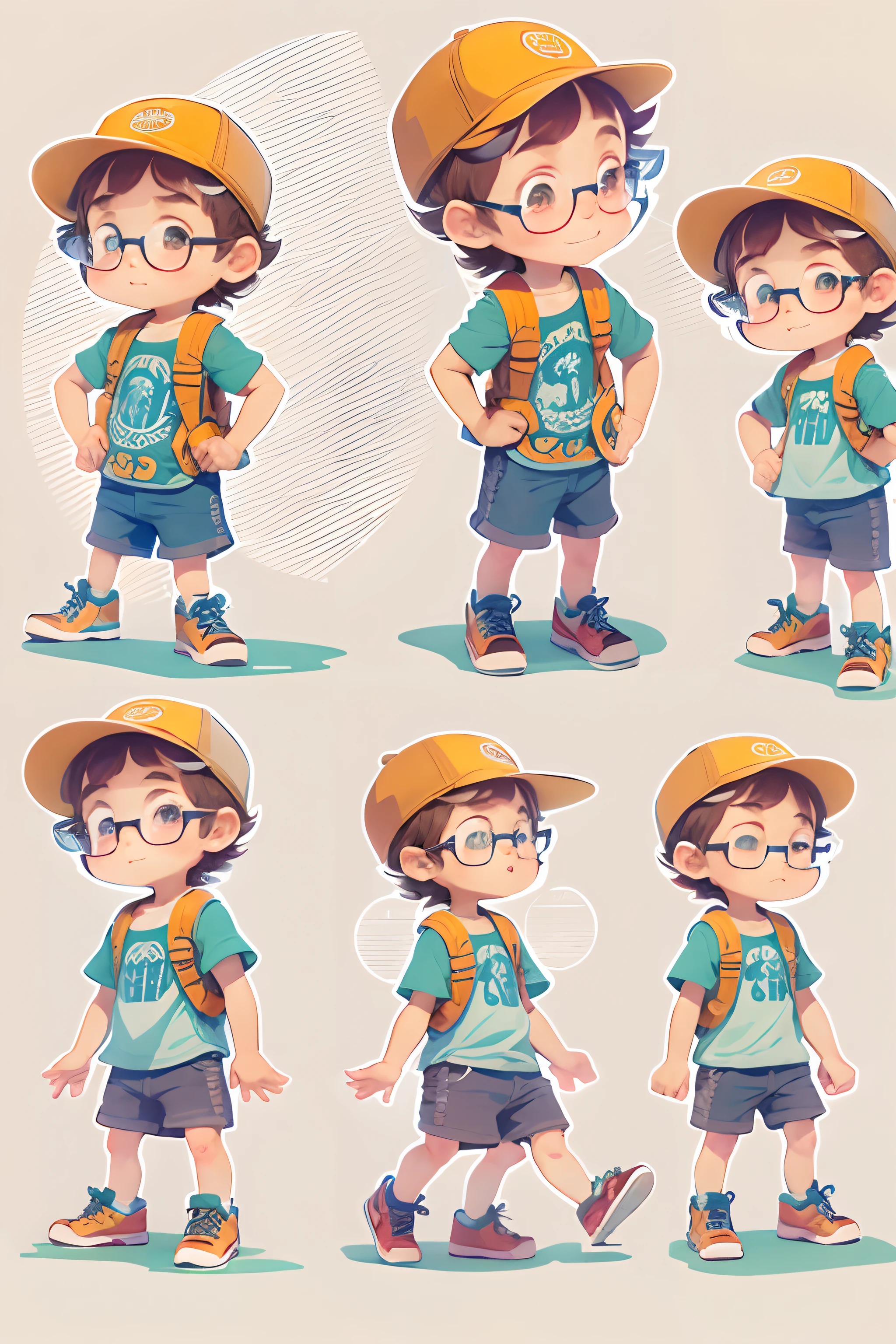o pequeno explorador , various poses and expression on white background, childish illustration style,simples,fofo,6 anos ,cores, Cabelo castanho, cor lisa , camisa azul de manga curta, shorts jean sem sinto, without a hat, sem livro, without glasses, sem mochila