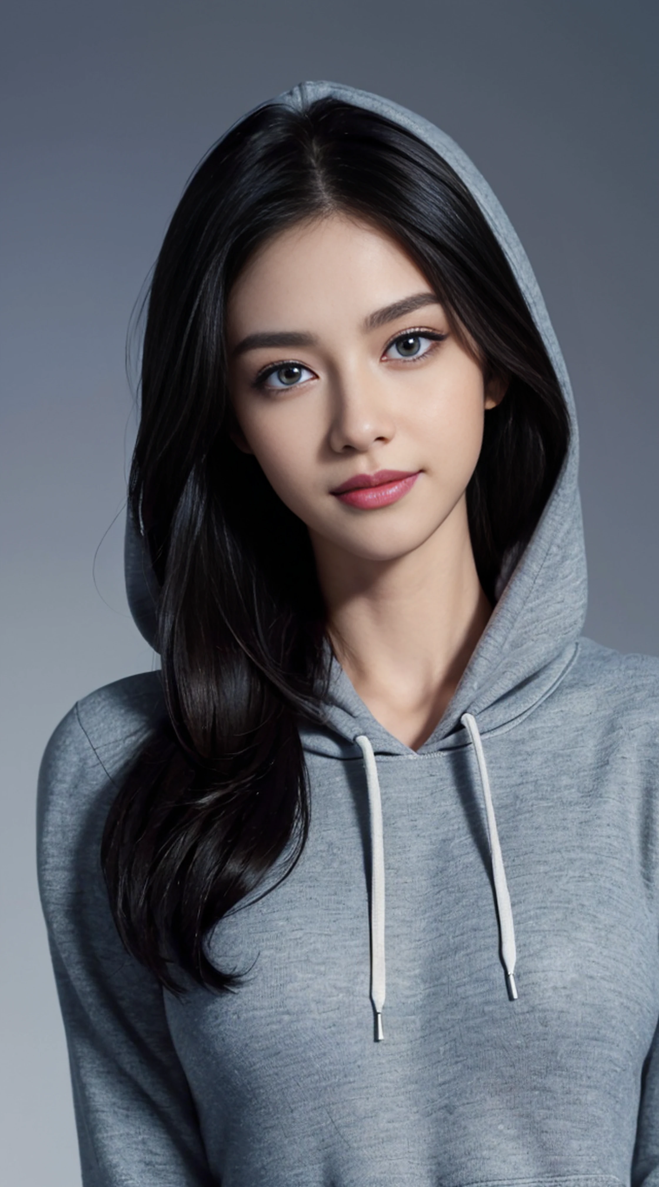 8K, Top Quality, Intricate Details, Ultra Detail, Ultra High Resolution, Masterpiece, random angle,  Slender, Smile, (Makeup: 0.4), (Fluffy Blue Eyes: 1.21), blue Eyes, looking at viewer, ((full body)), 1girl, solo, 1 girl, (( full body)), close up shot, , ((tall)), (((fit body))), (((slim face))), sharp face, sharp eyes, (((black hair, long hair, ))  (detailed face), sharp face, small lips, 
 (( hoodie)),  detailed face, detailed breast, , large breast, detail ass, , Beautiful girl with accentuated slender abs: 1.4, Six Pack Abs: 1.4, Bust Botox, Big, Perfect Body, detail leg, (( moonlight)), top of mountain