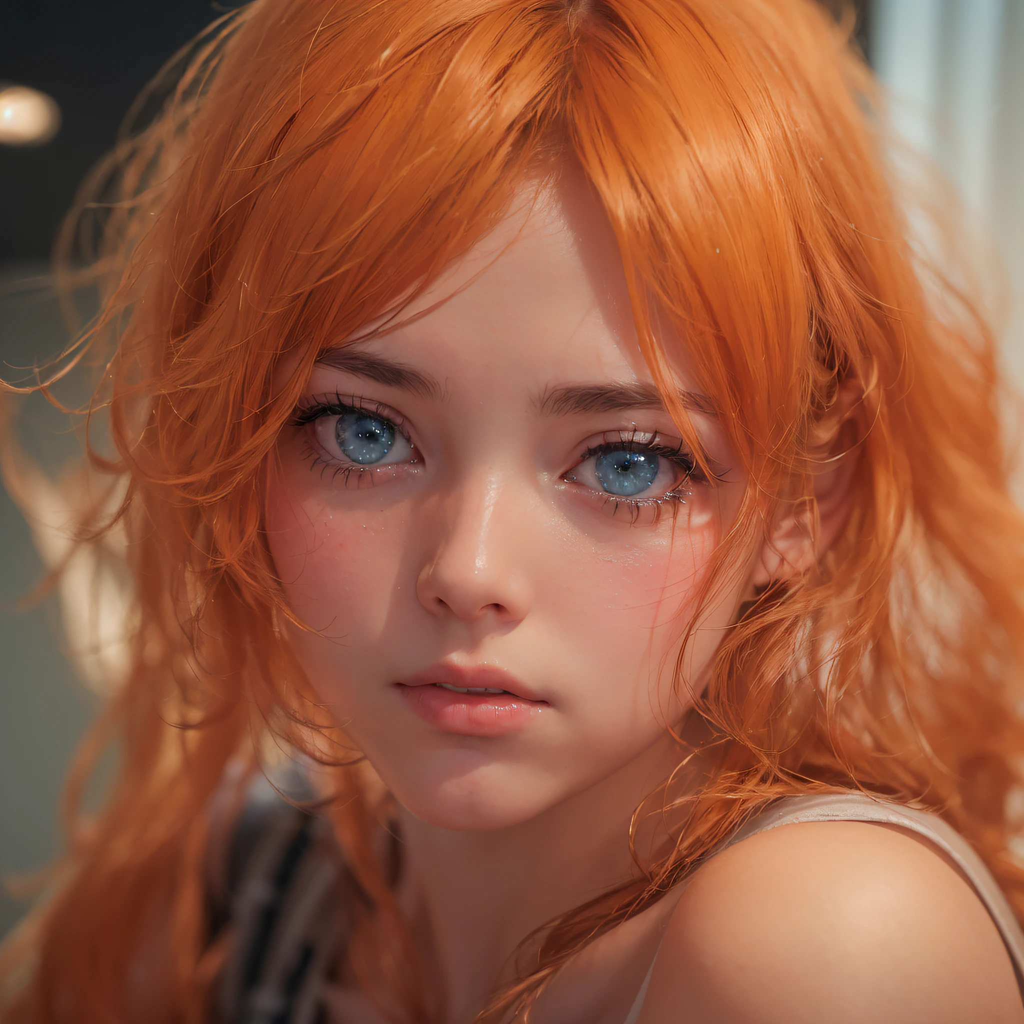 (((Bedroom background))), Anime style, Facing the camera, (Upper body:1.5),distant shot, a photo of a ((age girl:1.6)), (1girl in), (Orange hair, Short hair:1.3), (crop top shirt),
((kawaii faces: 1.7, Perfect face:1.5, Symmetrical eyes: 1.5, Small breasts:1.2)), (Best Quality:1.5, hyper realisitic:1.5, Photorealistic:1.4, Madly detailed CG unity 8k wallpaper:1.5,
masutepiece:1.3, Madly detailed photo:1.2), (ultra realistic lifelike textures:1.4, Realistic eyes:1.2), (Octane Render, unreal enginee 5),
(Natural lighting,Light source from the camera, No shadows), (sony a7, 50 millimeters, Film grain:1.5, 4K UHD HDR),
(photo by lee jeffries, Greg Rutkowski and Magali Villanueva),3DMM -Imagine-