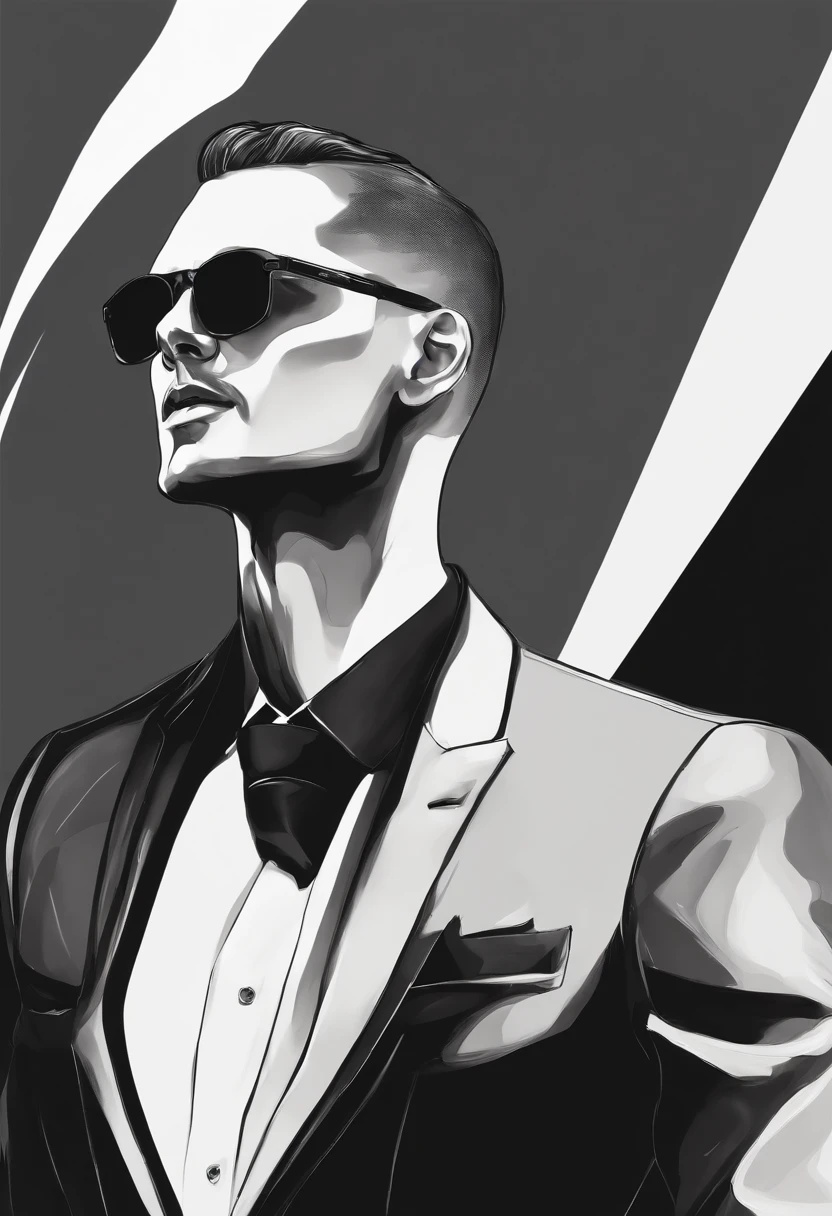 man,bald tall slim sexy in elegant black suit with black sunglasses