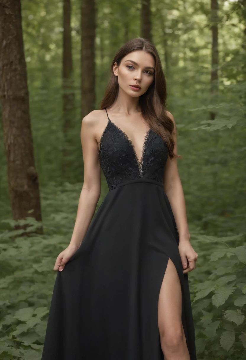 Young European woman, professional model is posing in the green forest. she has got long brown hair, she is wearing long black evening modest dress, she is wearing black high heels. She is wearing a long black dress that covers her body, the dress is modest and humble, she is pretty. The dress is slim, long, draped, the dress is draped and has jewel neckline. The woman is standing with a deer. The deer is near the woman. The neckline of the dress is high. Detailed image. She looks like Gigi Hadid and Kendall Jenner. She is tall and beautifully thin. She is posing for a fashion brand. Vogue style. Super realistic, detailed, professional fashion photoshooting. She is dancing while posing. Serious face. In the background there are a lot of trees, beautiful forest. Professional shooting for VOGUE, fashion campaign. Her face is detailed. All the textures are seen. She is standing in the middle of the forest. SHe is not looking at camera, she is walking in high heels, she is confident, she is a model