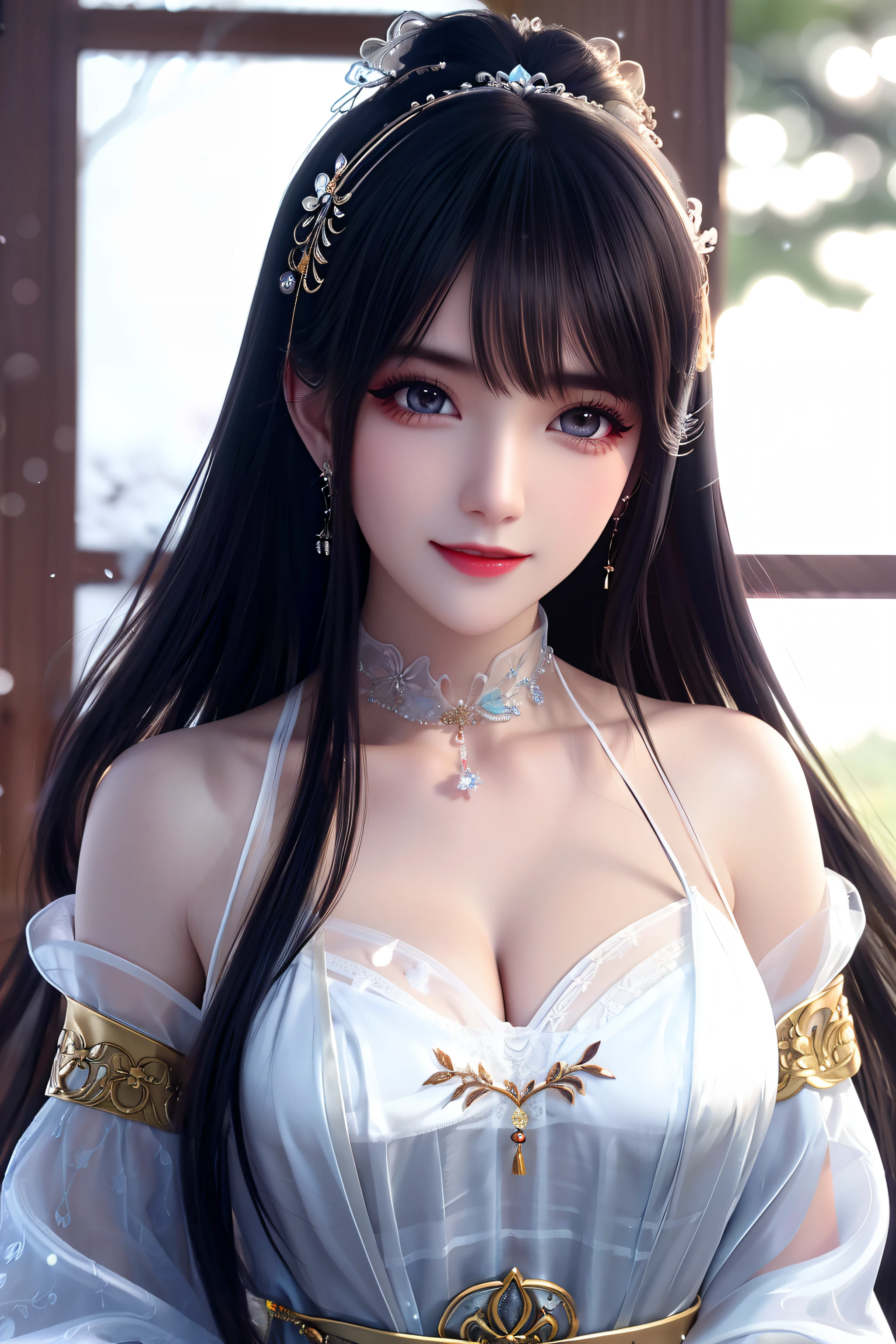 best qualityer,8K, tmasterpiece, A high resolution, 1girll, Clear silk porcelain dress, Fur coat, hair adornments, ssmile, Keep one's mouth shut, cparted lips,Large breasts,Shoulder, shift dresses, hair adornments, choker necklace, jewely, Chinese outfit, long whitr hair, 耳Nipple Ring, Detailed beautiful eyes, detailed eyelashes, beautiful face,after sexing_Body, Tyndall effect,realisticlying, edge lit, twotonelighting,(highdetailskin:1.2), 8K, Ultra HD, digital SLR camera, gentle illumination, high high quality, Volumetriclighting, Frankness, photore, A high resolution, Bokeh, at a forest, Falling snow, Winters, in the afternoon