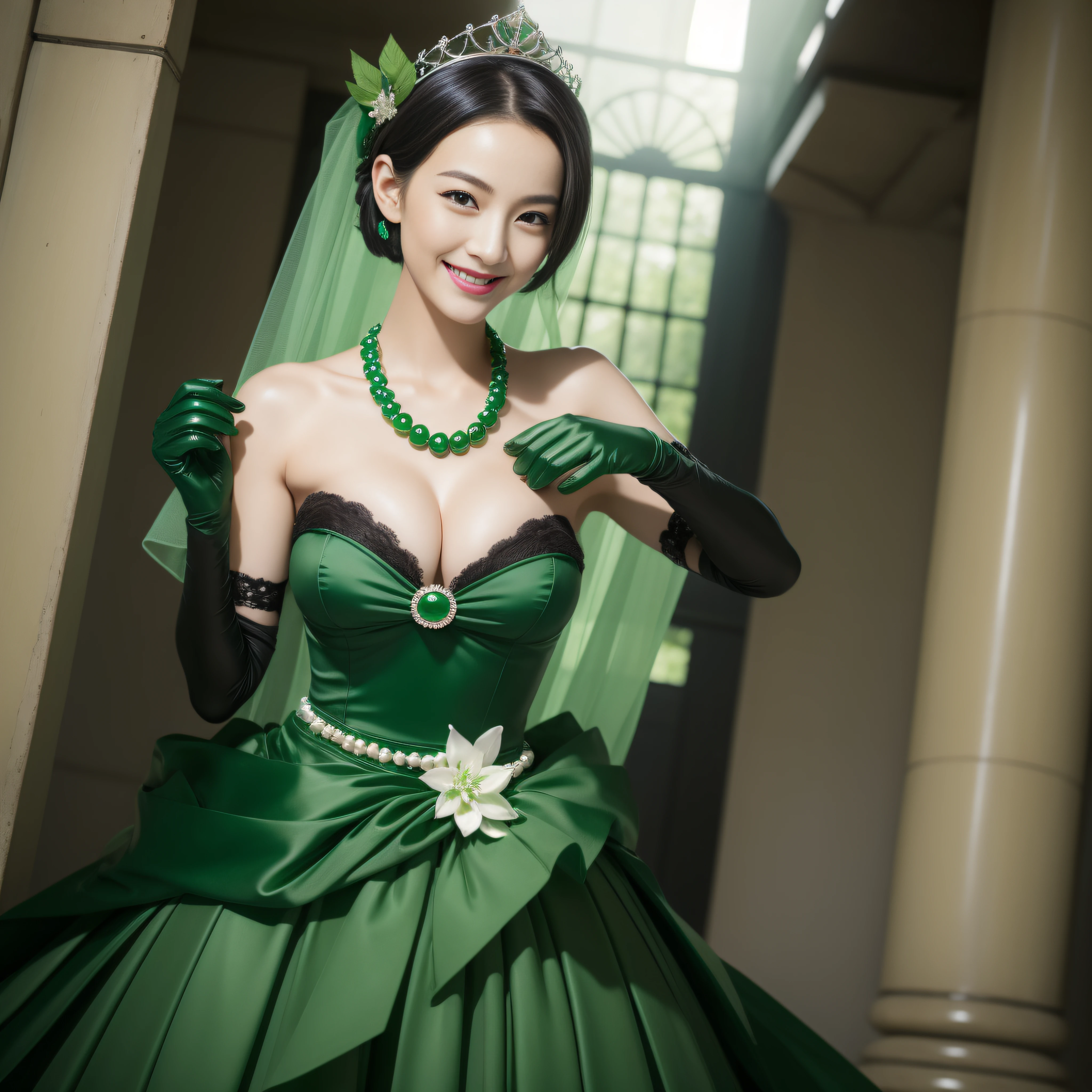 Boyish very short black hair, lipsticks, Japan woman smiling, Green Long Grove, Emerald Tia boyish very short black hair, lipsticks, Japan woman smiling, Satin green long gloves, emerald tiara, Green Pearl Necklace, verd s eyes, Green eyes, Long green gloves made of satin material, big breasts beautiful, Green Bridal Veil