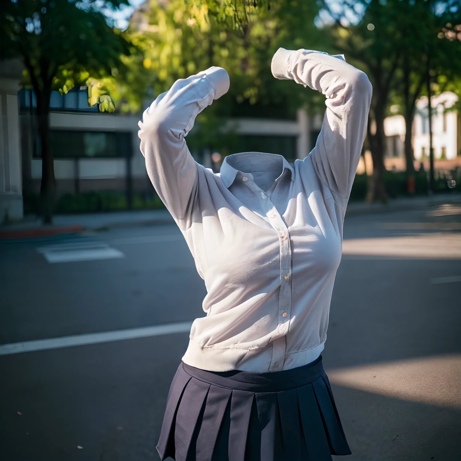 polo shirt, plaid skirt, from above, long sleeve, kabedon pov, fat, cute big breasts, (invisible, no human, headless, handless:1.5), (8k, RAW photo, best quality, masterpiece:1.2), (realistic, photo-realistic:1.37), photon mapping, radiosity, ((Hasselblad photography)), physically-based rendering