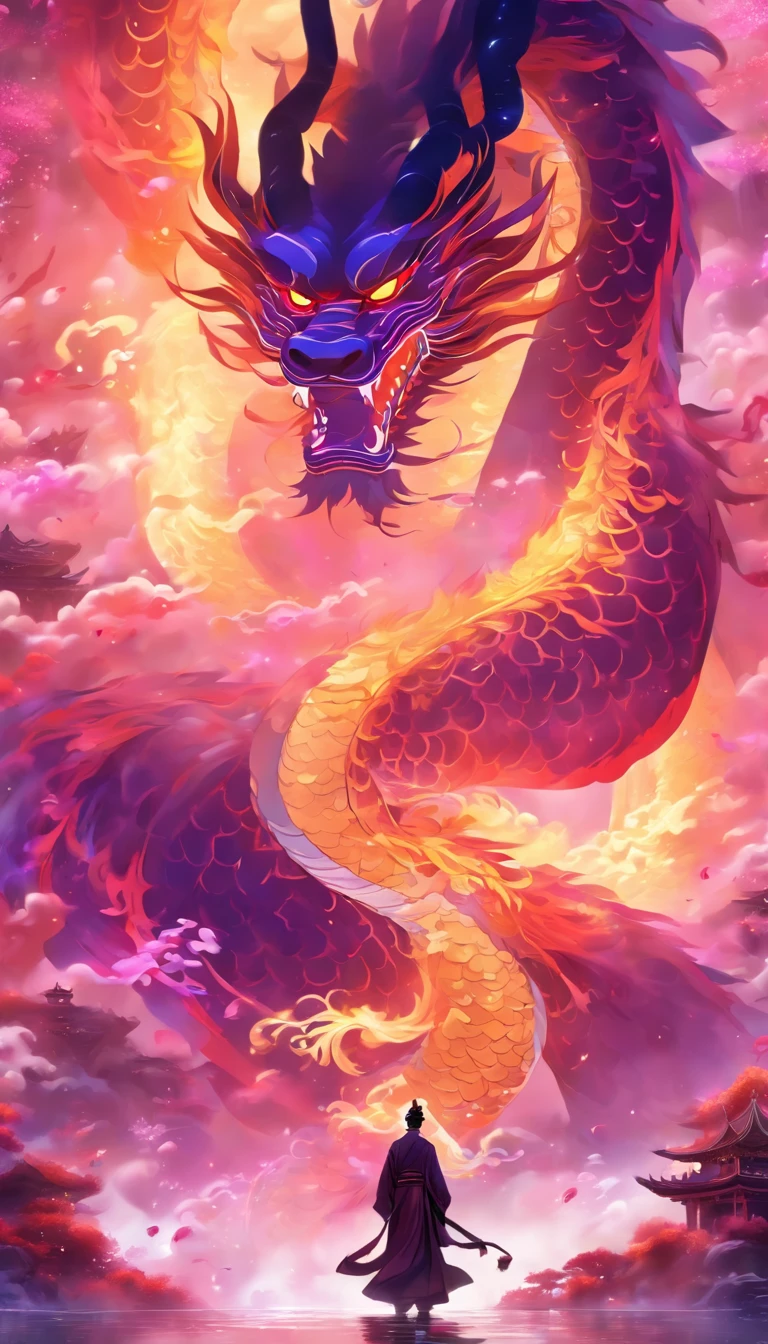 China-style,中景 the scene is,The Taoist priest stands in front of a huge transparent Chinese divine dragon,Stretch your hands,Long messy hair,Glow effects,Hyper-realistic,Ultra photo realsisim,Chinese black and white ink style,The purple,Decolorization,Smudge,ink,8K,super-fine,high qulity,OC renderer