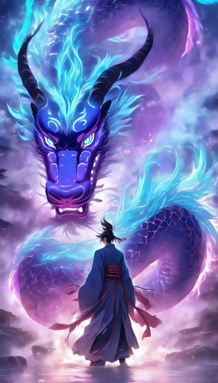 China-style，中景 the scene is，The Taoist priest stands in front of a huge transparent Chinese divine dragon，Stretch your hands，Long messy hair，Glow effects，Hyper-realistic，Ultra photo realsisim，Chinese black and white ink style，The purple，Decolorization，Smudge，ink，8K，super-fine，high qulity，OC renderer