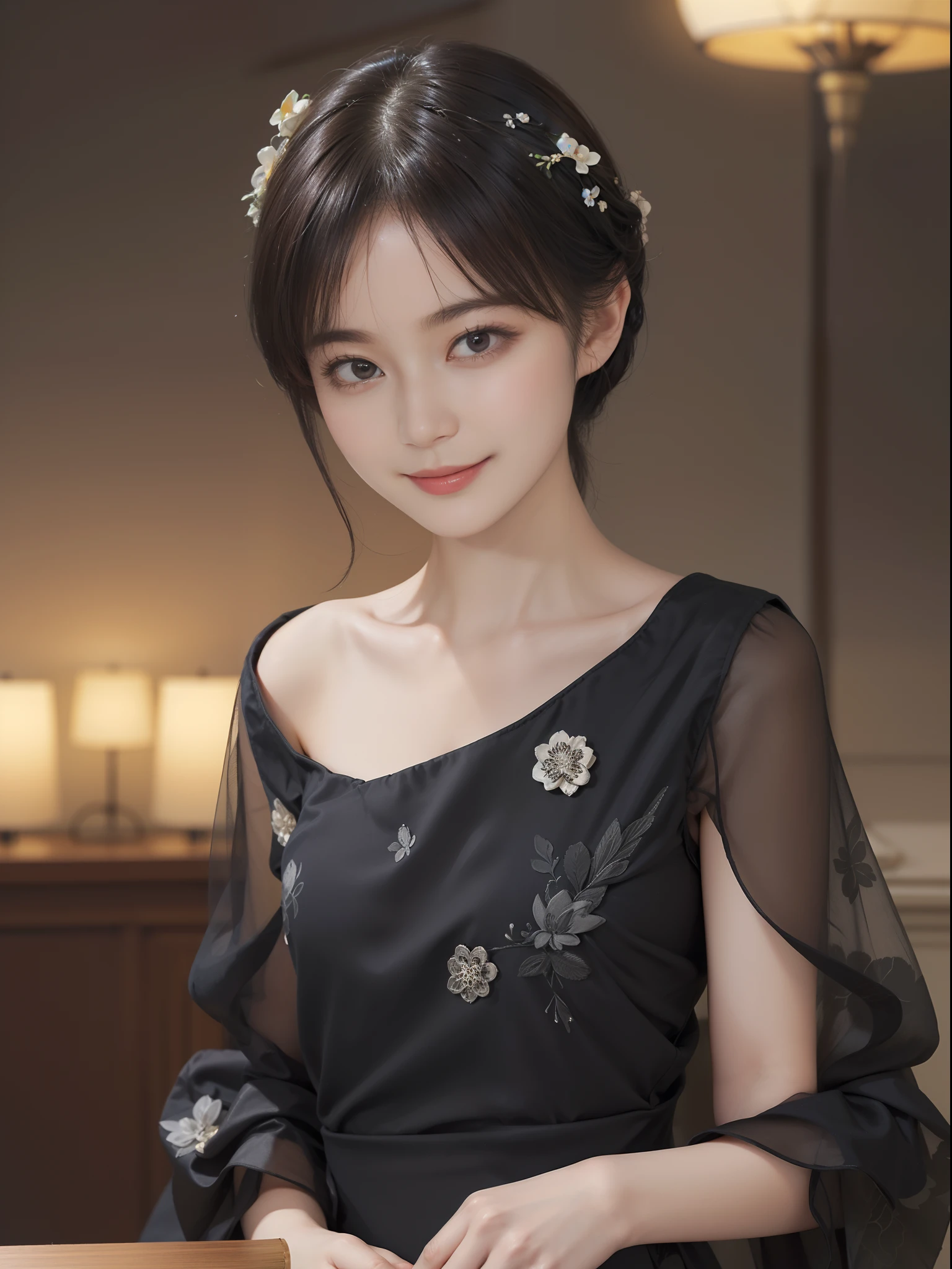 ((Best Quality))), (8K picture quality), ((masutepiece)), (Very sophisticated、Beautiful fece), (wearing dresses) , (1womanl), (Black shorthair), Dress up, with floral pattern, Soft silk fabric, 电影灯光, Gentle expression, (A slight smil:1.3), ((lightand shade contrast)), Luxurious interior windowsill