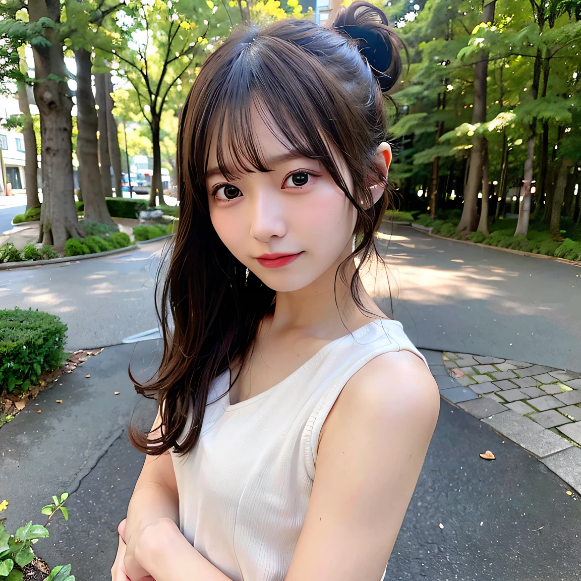 ((top-quality、in 8K、​masterpiece：1.3))、foco nítido：1.2、Beautiful Women in Perfect Style：1.4、Slender Abs：1.2、((dark brown hair、small tit：1.2))、(natural soft light、the woods:1.1)、Highly detailed facial and skin texture、A detailed eye、二重まぶた、Ponytail、Hold your hand over、Looks fun、