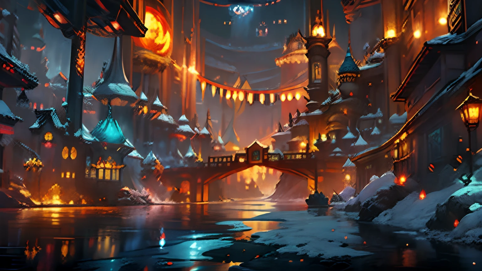 wonderland，Fairy tale town，Winters，drifting snow，extreme light，the night，starrysky，cinematic colorgrade，hyper HD，Long shots，Wide view，8k
