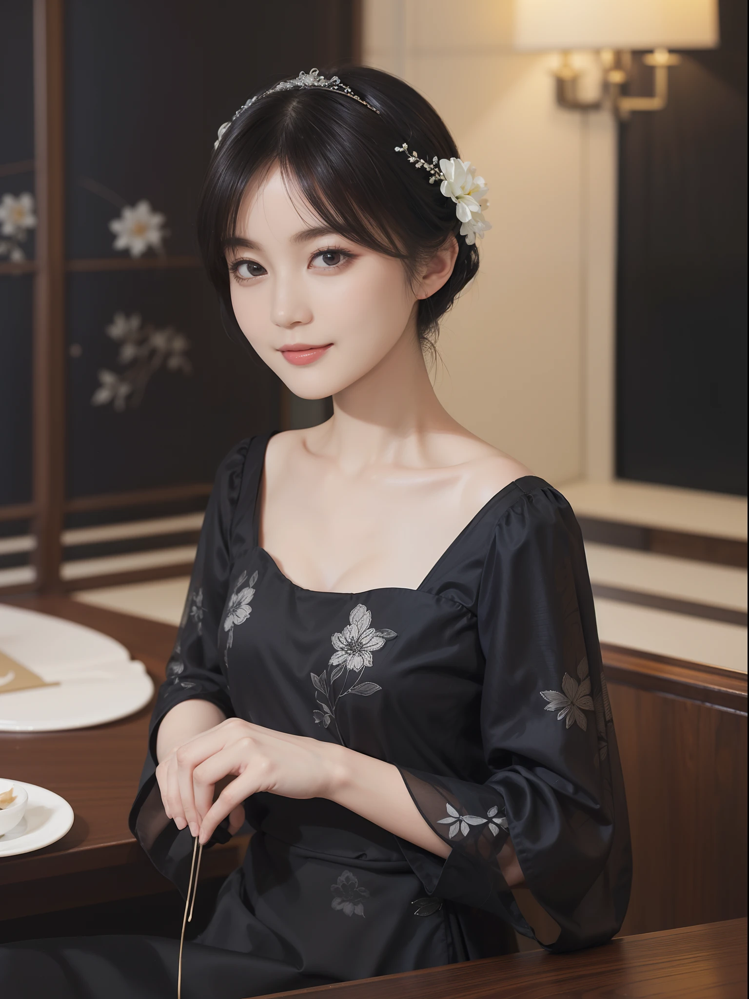 ((Best Quality))), (8K picture quality), ((masutepiece)), (Very sophisticated、Beautiful fece), (wearing dresses) , (1womanl), (Black shorthair), Dress up, with floral pattern, Soft silk fabric, 电影灯光, Gentle expression, (A slight smil:1.3), ((lightand shade contrast)), Luxurious interior windowsill