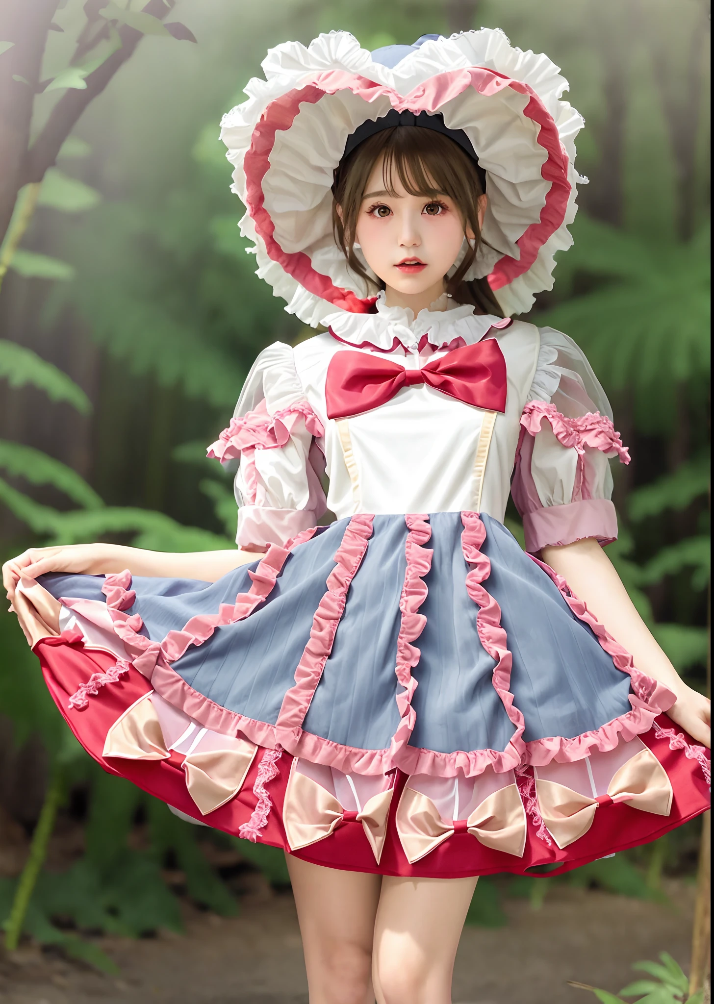 Alafe in pink satin dress and hat with big heart, high quality costume, maid dress, frilly outfit, Lolita style, rococo ruffles dress, Lolita Fashion, glamorous ruffled dresses, frilld, angelic pretty, frilld, plastic doll, high quality theatre costume, maid clothes, cosplay of a catboy! maid! Dress, Lori、huge tit