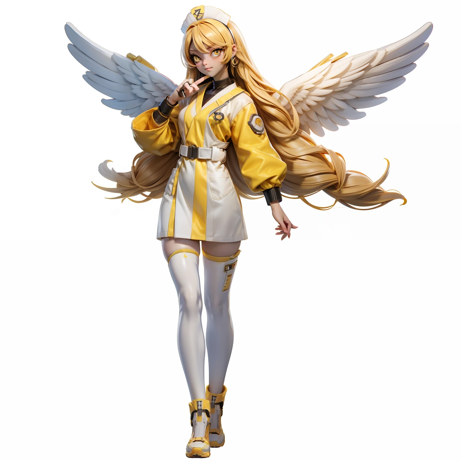 masutepiece, Best Quality, ((Full body shot)), ((No background)), White background, Female, Artificial empathy, Jobs related to intelligence, Highlight the features of professional costumes, Yellow eyes,  big syringe, white nurse uniform, Angel , Angel's wing, angel ring