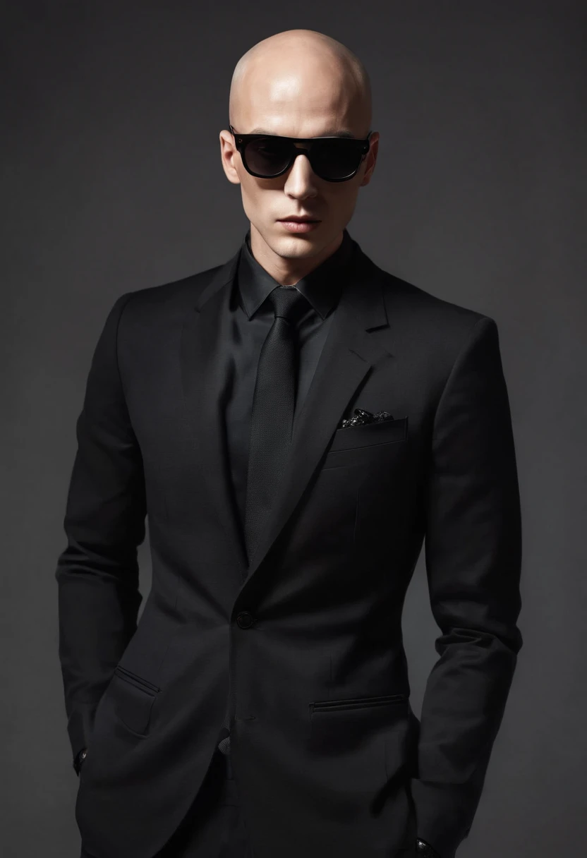 man,bald tall slim sexy in elegant black suit with black sunglasses