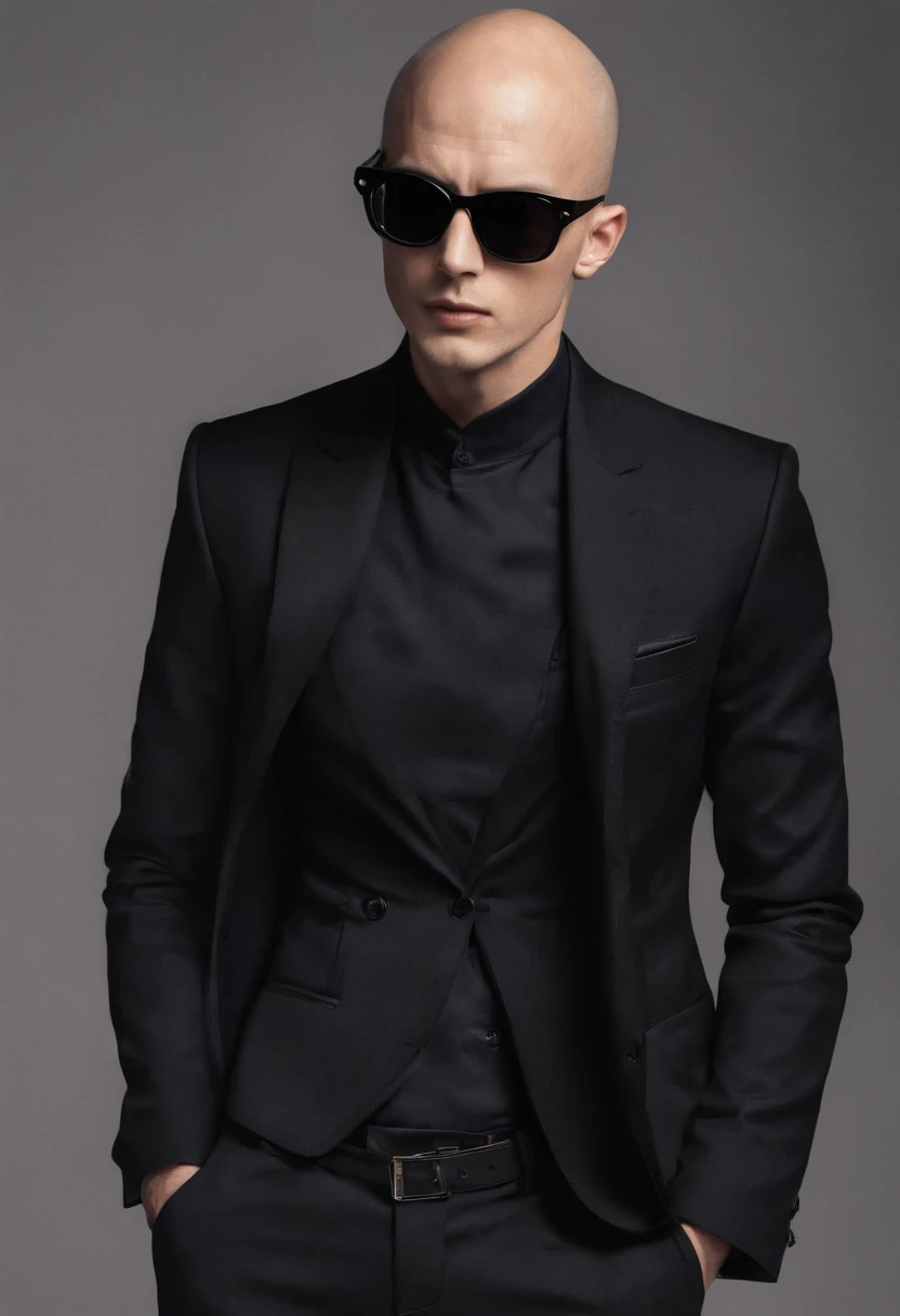 man,bald tall slim sexy in elegant black suit with black sunglasses