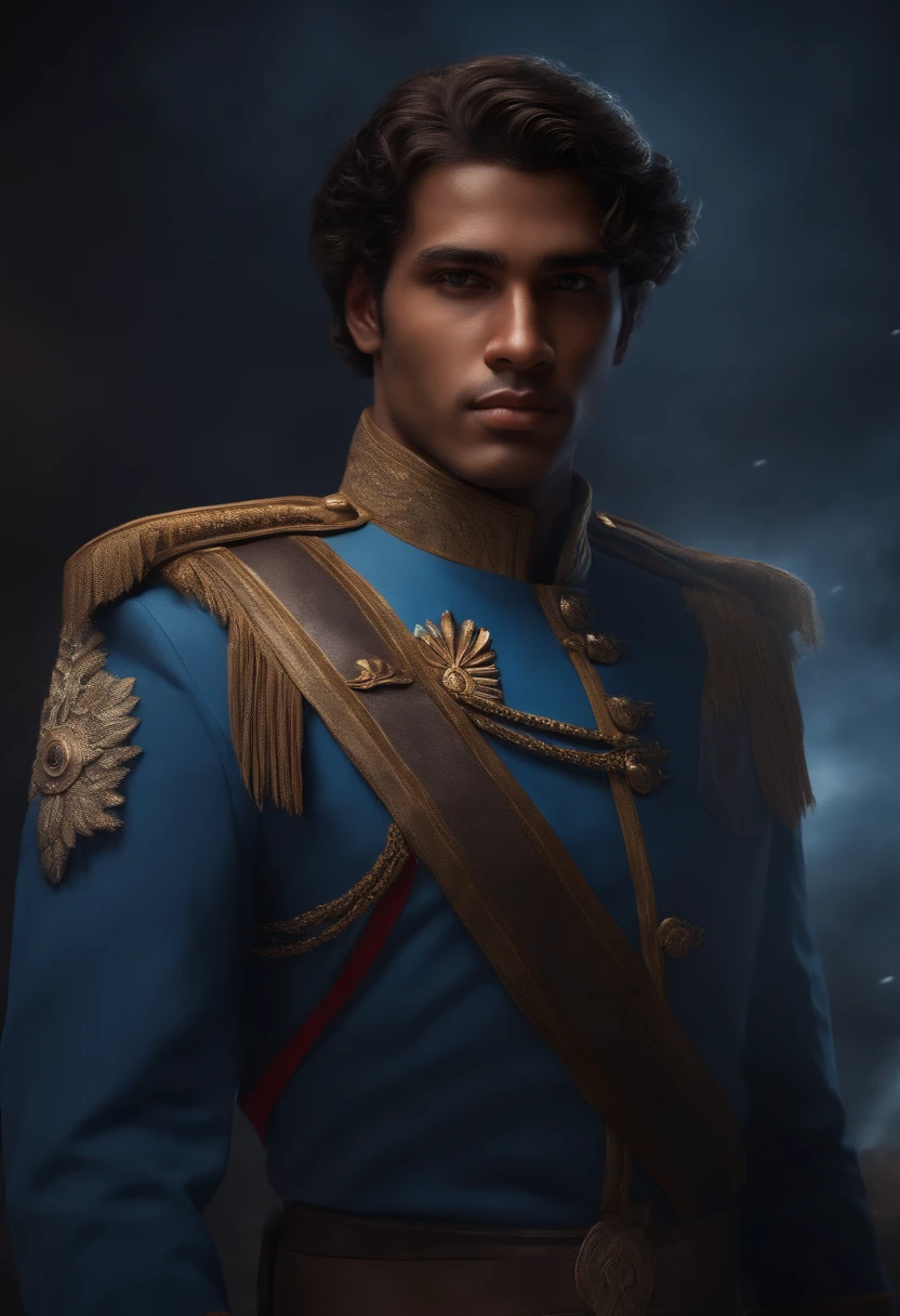 Portrait of a handsome young man, blue military uniform, dark brown wavy hair, brown skin, octane render, cinematic, rich deep colors, intricate artwork masterpiece, ominous, vibrant, production cinematic character render, ultra high quality model, light strokes, oil painting, masculine