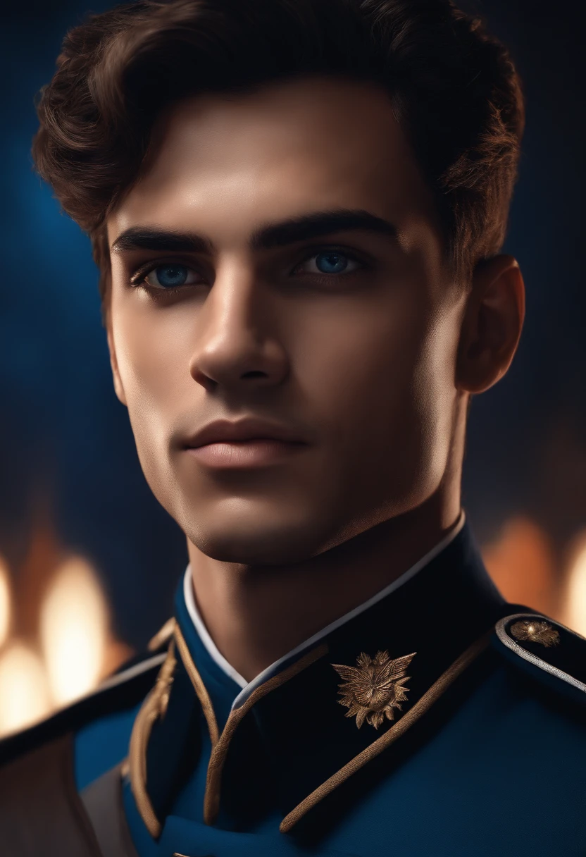 Portrait of a handsome young man, blue military uniform, dark brown wavy hair, brown skin, octane render, cinematic, rich deep colors, intricate artwork masterpiece, ominous, vibrant, production cinematic character render, ultra high quality model, light strokes, oil painting, masculine