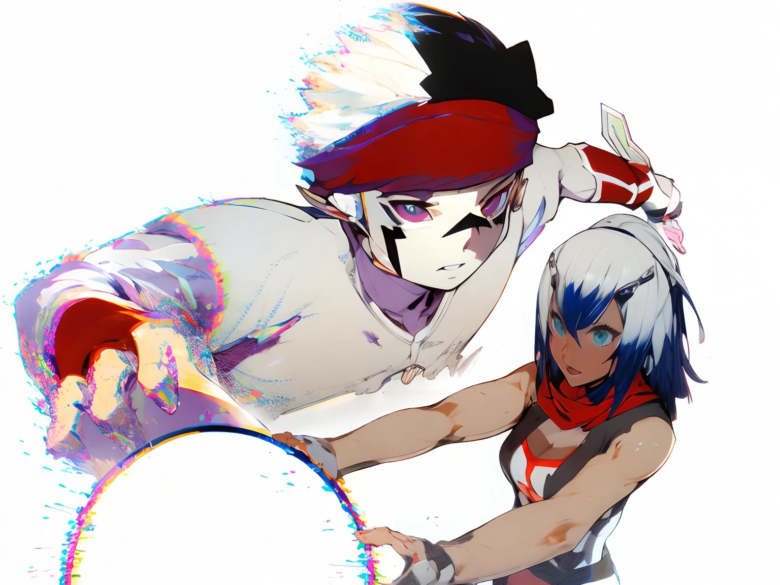 (((young woman))), ((best quality)), ((masutepiece)), (circunstanciado: 1.4), (Absurdo), Mulher adulta de 35 anos . dental estilo Simon Bisley, Genesis evangelion roupas estilo neon, 2 piece outfit, longos cabelos prateados, Tatoo arm, cybernetic hands, bolo, Centrado, Scale to fit dimensions, NFFSW (high dynamic range),ray tracing,NVIDIA RTX,Hyper-Resolution,irreal 5,subsurface dispersion, Textura PBR, Post-processing, Filtragem de anisotropia, profundidade de campos, Maximum clarity and sharpness, Texturas multicamadas, Mapas de Albedo e Especular, surface shading, accurate simulation of interactions between light and material, perfectly proportions, octan render, Two-tone lighting, Ampla abertura, ISO baixo, White balance, thirds rule, 8K BRUTO, crysisnanosuit,LoRaeyes,Nijistyle,knee tights,olhos azuis
