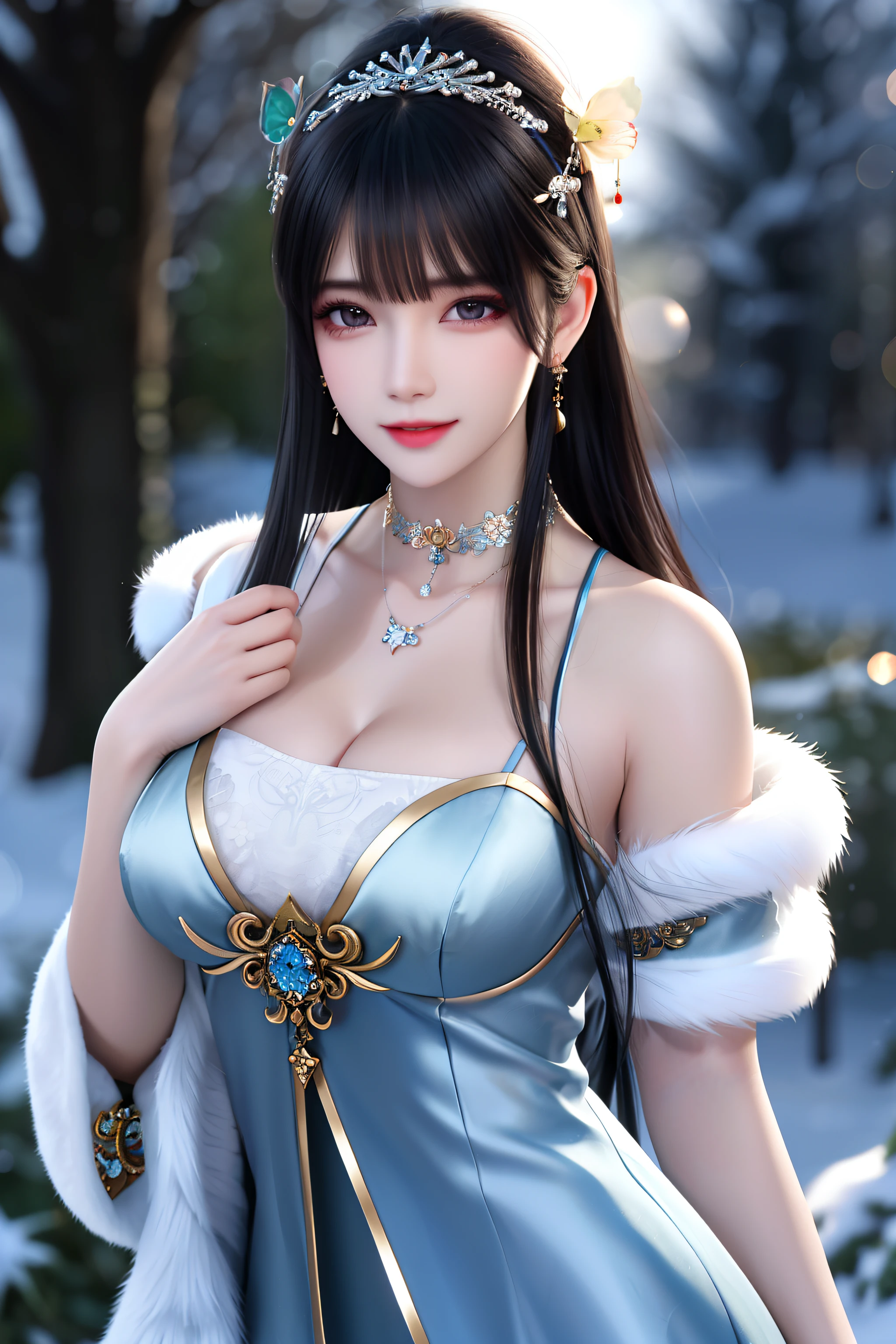 best qualityer,8K, tmasterpiece, A high resolution, 1girll, Clear silk porcelain dress, Fur coat, hair adornments, ssmile, Keep one's mouth shut, cparted lips,Large breasts,Shoulder, shift dresses, hair adornments, choker necklace, jewely, Chinese outfit, long whitr hair, 耳Nipple Ring, Detailed beautiful eyes, detailed eyelashes, beautiful face,after sexing_Body, Tyndall effect,realisticlying, edge lit, twotonelighting,(highdetailskin:1.2), 8K, Ultra HD, digital SLR camera, gentle illumination, high high quality, Volumetriclighting, Frankness, photore, A high resolution, Bokeh, at a forest, Falling snow, Winters, in the afternoon