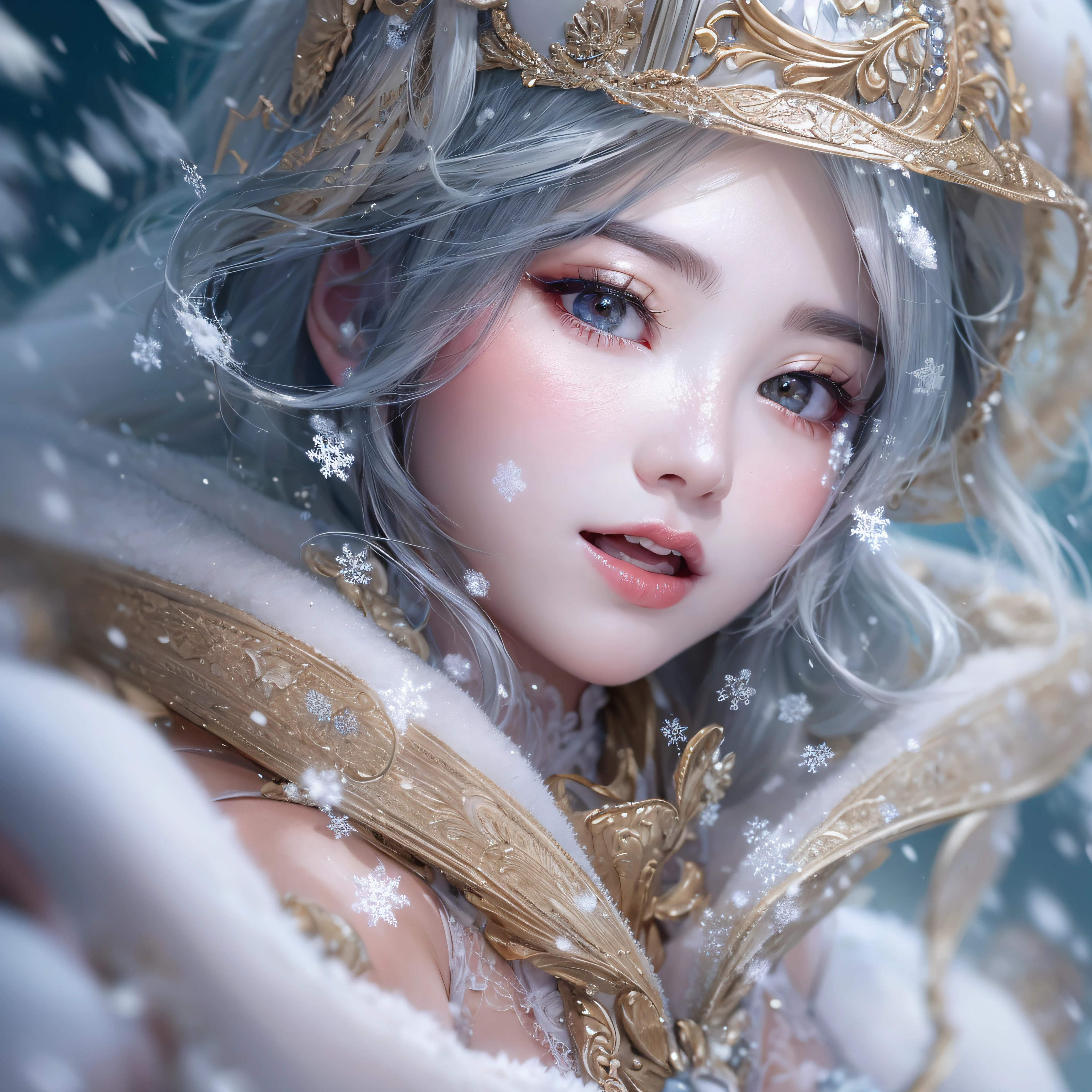 snowscape、Snow powder、Close-up of laughing face、Glossy lips、Shining eyes、Snow Girl、Snow Costume、Cosplay、(realisitic、hight resolution)、(1 girl in)、Snow Girl、Do-Up Eye、Korean Girl、(Best Quality), (masutepiece), (1girl in), Solo, a beauty girl, Perfect face, dreamlikeart、Highly detailed airbrush art((Surreal))、Volumetric lighting、(top-quality)、The ultra-detailliert、(The composition of the movement:1.4)、Highly detailed colorful details、(Bright lighting)、dynamic compositions、Ray traching、The mirror reflects light、Shallow depth of field、ultra-detailliert、mixing exposure、nffsw、Her eyes shine with a deep pink color、Snow falling in the background、Snowy mountains are shining