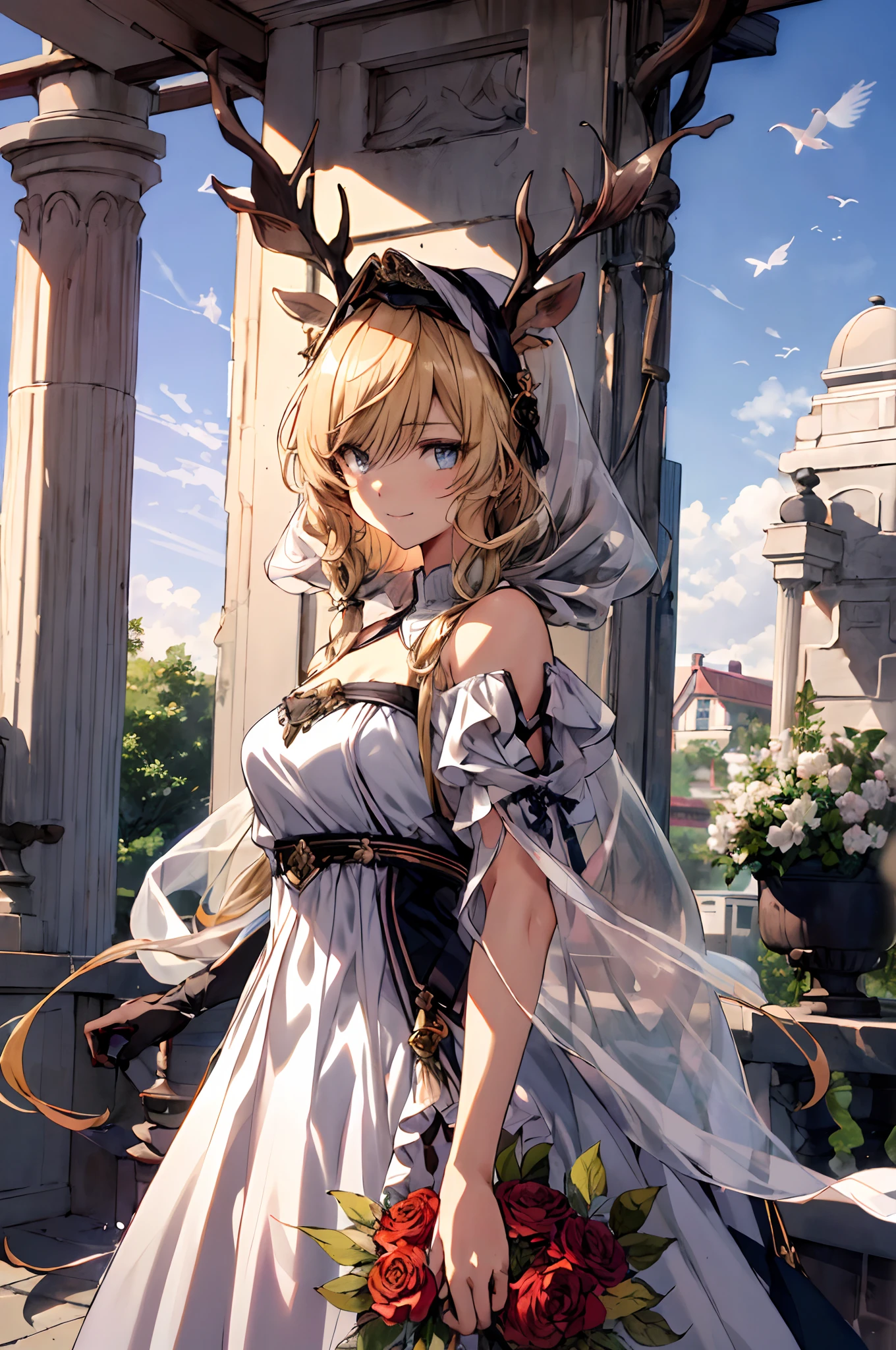 (tmasterpiece、top-quality、illustratio、Extremely high quality、high-level image quality、Extremely sensitive writing)Blonde girl standing in beautiful garden、A slight smile、She has a large bouquet、Cute national costume style dress,There are ruffles on the shoulders、Hair fluttering in the wind