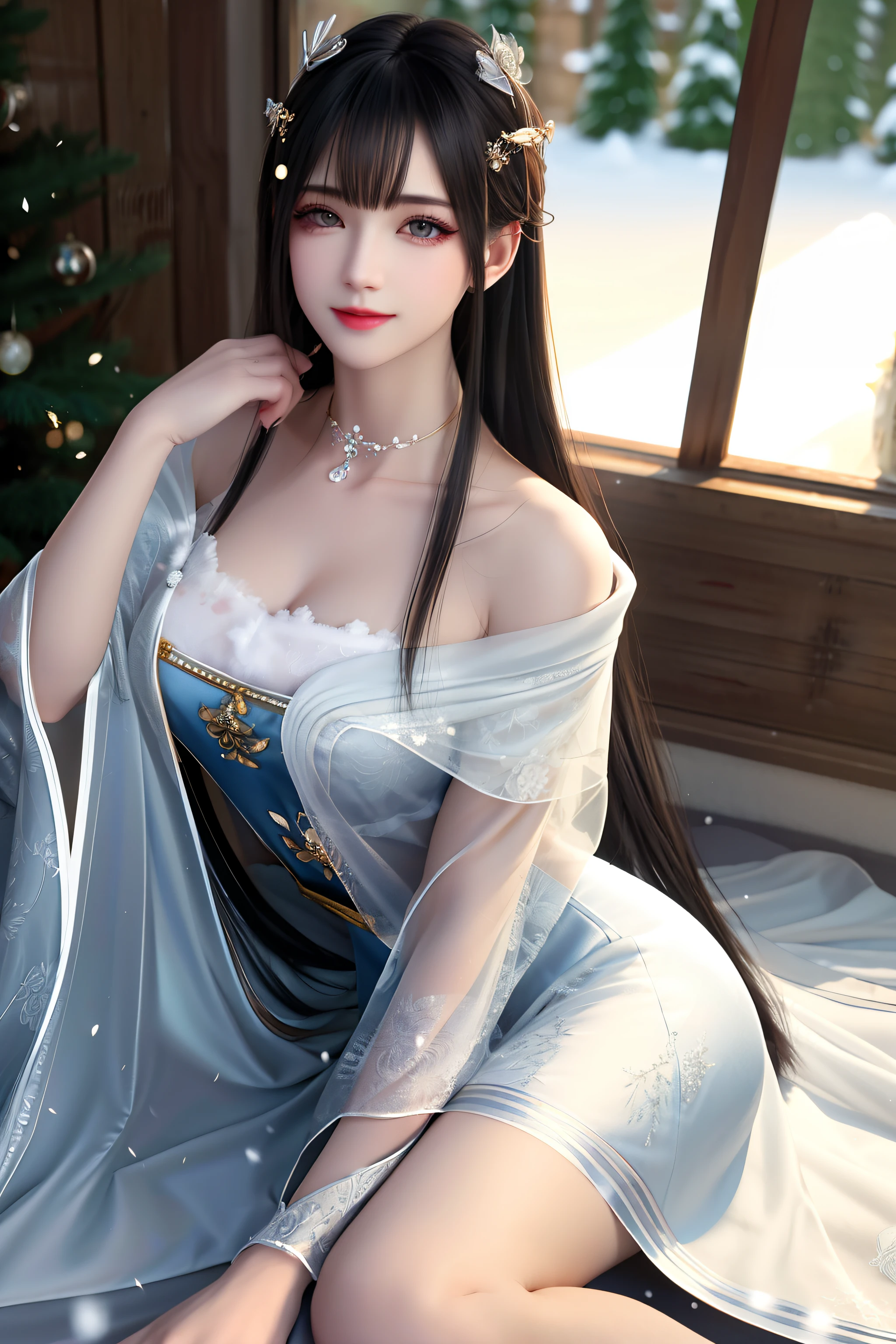 best qualityer，8K， tmasterpiece， A high resolution， 1girll， Clear silk porcelain dress， Fur coat， hair adornments， ssmile， Keep one's mouth shut， cparted lips，Large breasts，Shoulder， shift dresses， hair adornments， choker necklace， jewely， Chinese outfit， long whitr hair， 耳Nipple Ring， Detailed beautiful eyes， detailed eyelashes， beautiful  face，after sexing_Body，Slender and long legs， Tyndall effect，realisticlying， edge lit， twotonelighting，（highdetailskin：1.2）， 8K, Ultra HD， digital SLR camera， gentle illumination， high high quality， Volumetriclighting， Frankness， photore， A high resolution， Bokeh， at a forest， Falling snow， Winters， in the afternoon