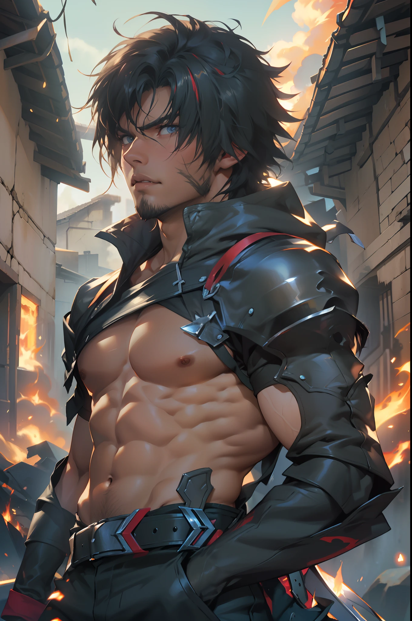 (absurdos, Altas Resoluciones, Ultra detallado, HDR), Obra maestra, La mejor calidad, final fantasy xvi, clive rosfield, 1hombre solamente, guapo, pelo corto, cabello negro, Ojos azules vibrantes, ojos finos y cara detalladas, (((Fuego, llamas, a su espalda)) Armadura, ((Arma intrincada)). Final Fantasy, clive rosfield,, abs, badass pose, Chico de anime con las manos en la cabeza, Hermosa pose de anime, Anime hombre guapo, Personaje masculino de anime, Badass Anime 8K, Arte detallado del personaje de anime, Concepto de anime HDR Anime MacManus, Chico anime, Ikuto Yamashita, Anime CG arte suave, Fondo de pantalla de manga 4 k, inspirado por Yamagata Hiro, Wallaper de anime
