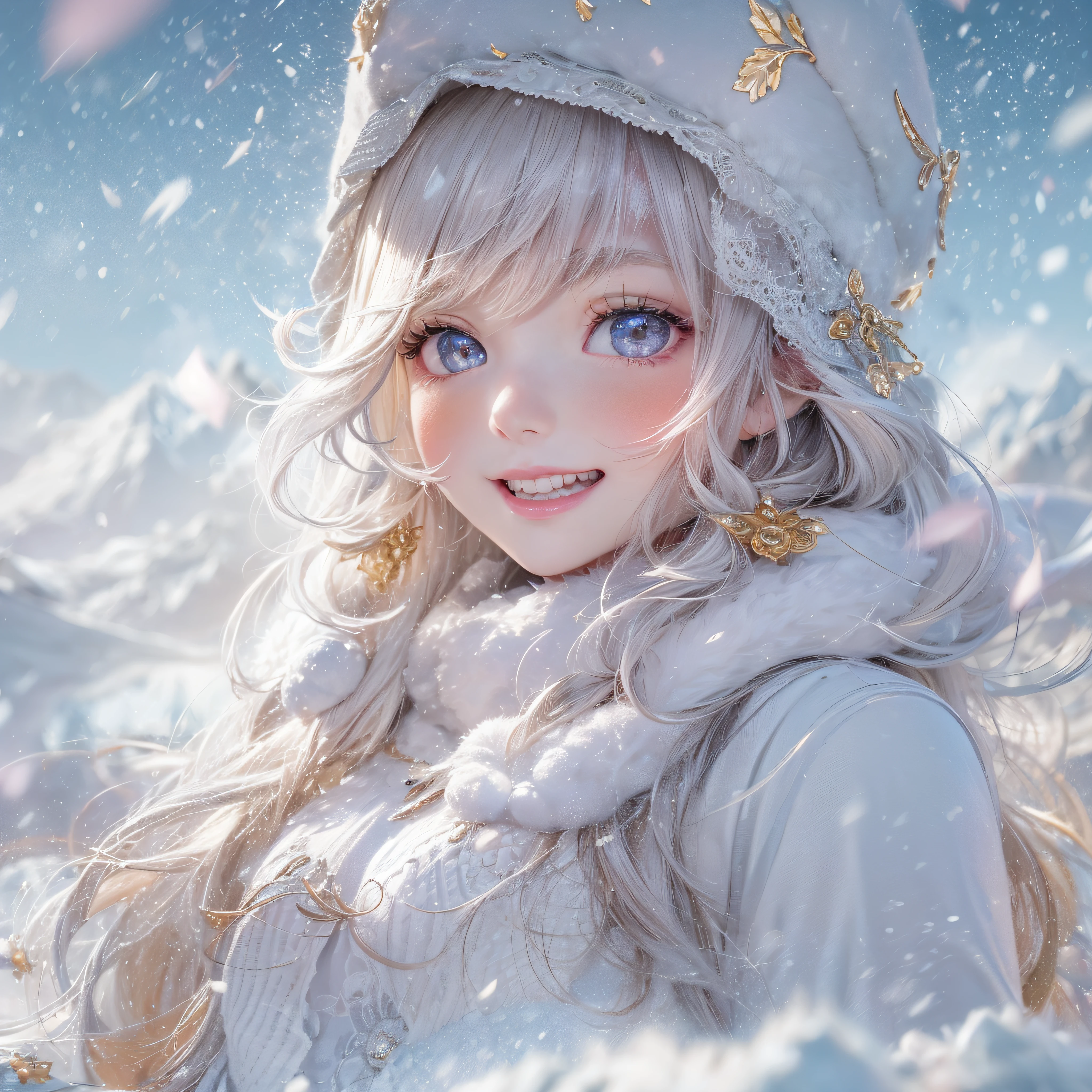 snowscape、Snow powder、Close-up of laughing face、Glossy lips、Shining eyes、Snow Girl、Snow Costume、Cosplay、(realisitic、hight resolution)、(1 girl in)、Snow Girl、Do-Up Eye、Korean Girl、(Best Quality), (masutepiece), (1girl in), Solo, a beauty girl, Perfect face, dreamlikeart、Highly detailed airbrush art((Surreal))、Volumetric lighting、(top-quality)、The ultra-detailliert、(The composition of the movement:1.4)、Highly detailed colorful details、(Bright lighting)、dynamic compositions、Ray traching、The mirror reflects light、Shallow depth of field、ultra-detailliert、mixing exposure、nffsw、Her eyes shine with a deep pink color、Snow falling in the background、Snowy mountains are shining