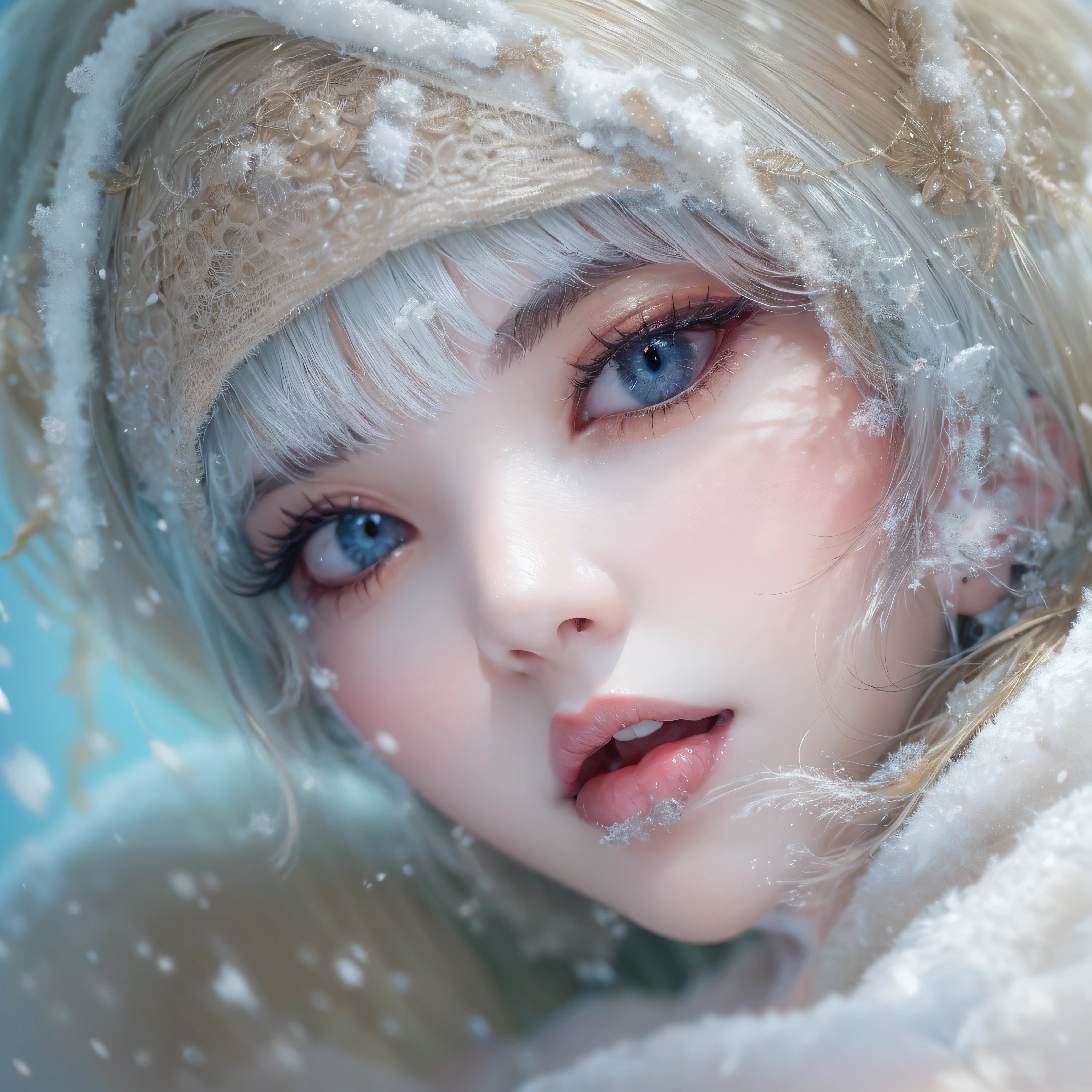 snowscape、Snow powder、Close-up of laughing face、Glossy lips、Shining eyes、Snow Girl、Snow Costume、Cosplay、(realisitic、hight resolution)、(1 girl in)、Snow Girl、Do-Up Eye、Korean Girl、(Best Quality), (masutepiece), (1girl in), Solo, a beauty girl, Perfect face, dreamlikeart、Highly detailed airbrush art((Surreal))、Volumetric lighting、(top-quality)、The ultra-detailliert、(The composition of the movement:1.4)、Highly detailed colorful details、(Bright lighting)、dynamic compositions、Ray traching、The mirror reflects light、Shallow depth of field、ultra-detailliert、mixing exposure、nffsw、Her eyes shine with a deep pink color、Snow falling in the background、Snowy mountains are shining