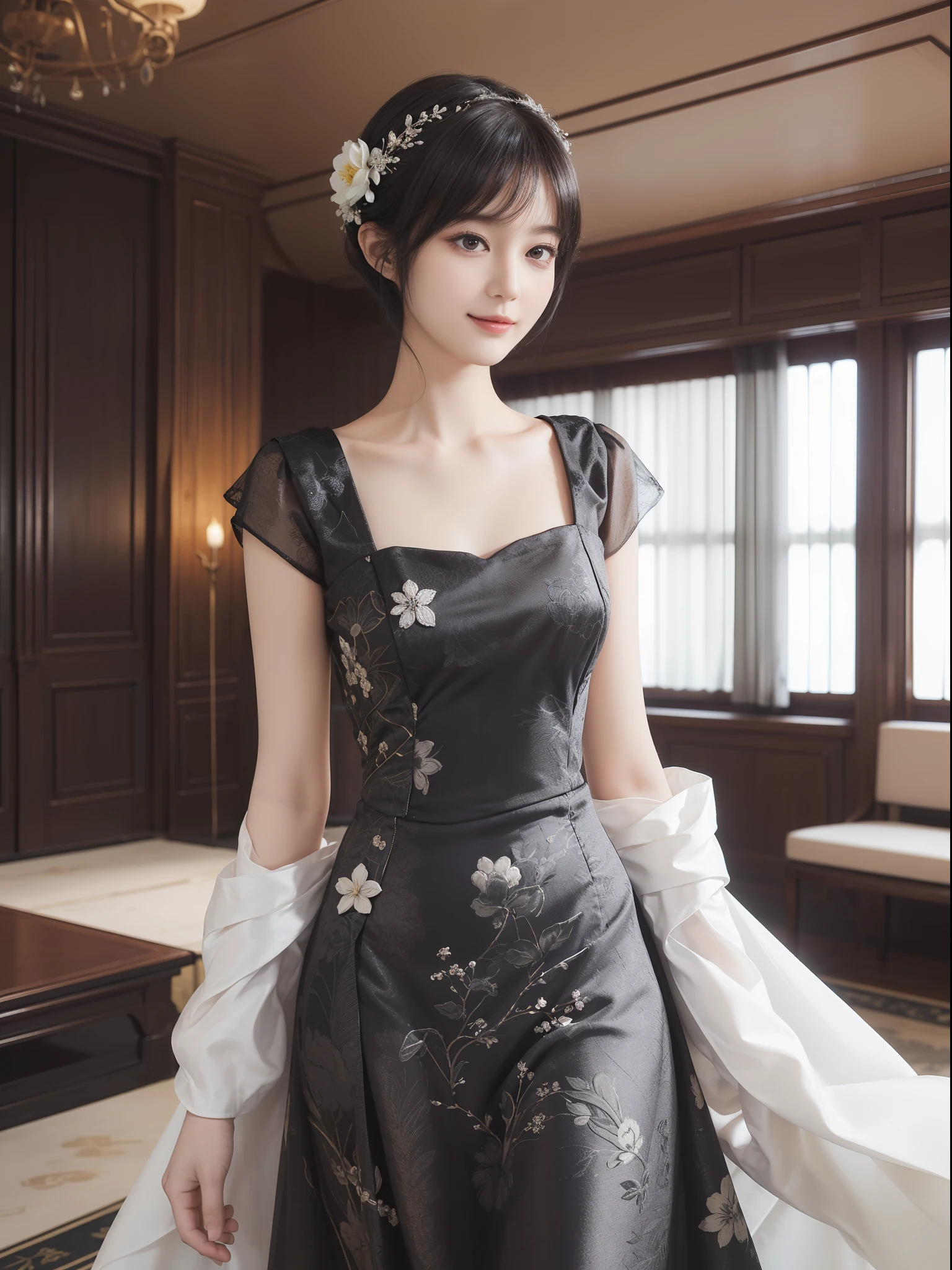 ((Best Quality))), (8K picture quality), ((masutepiece)), (Very sophisticated、Beautiful fece), (wearing dresses) , (1womanl), (Black shorthair), Dress up, with floral pattern, Soft silk fabric, 电影灯光, Gentle expression, (A slight smil:1.3), ((lightand shade contrast)), Luxurious interior windowsill