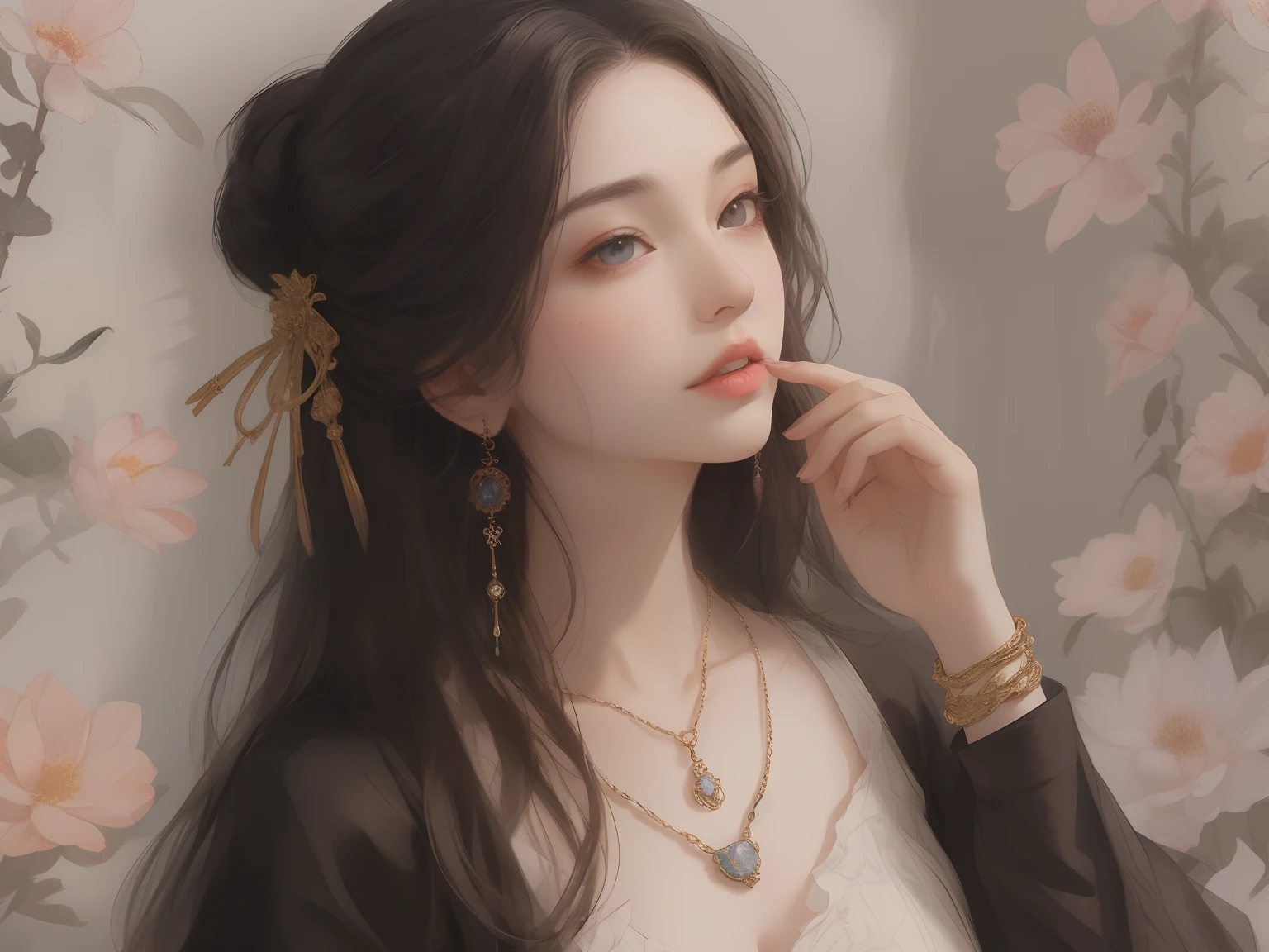 Best quality、tmasterpiece、A high resolution、1girll、Porcelain soft satin dress、Delicate hair accessories、Fine Necklace、detailed jewellery、pretty  face、Physically、Flat and thin body，smallunderboob，Tyndall effect、realisticlying、Shadow Studio、edge lit、bicolor lighting、（highdetailskin：1.2）、8K Ultra HD、Digital SLR、softlighting、high high quality、volumettic light、sneak shot、photore、A high resolution、4K、8K、The background is blurred out，